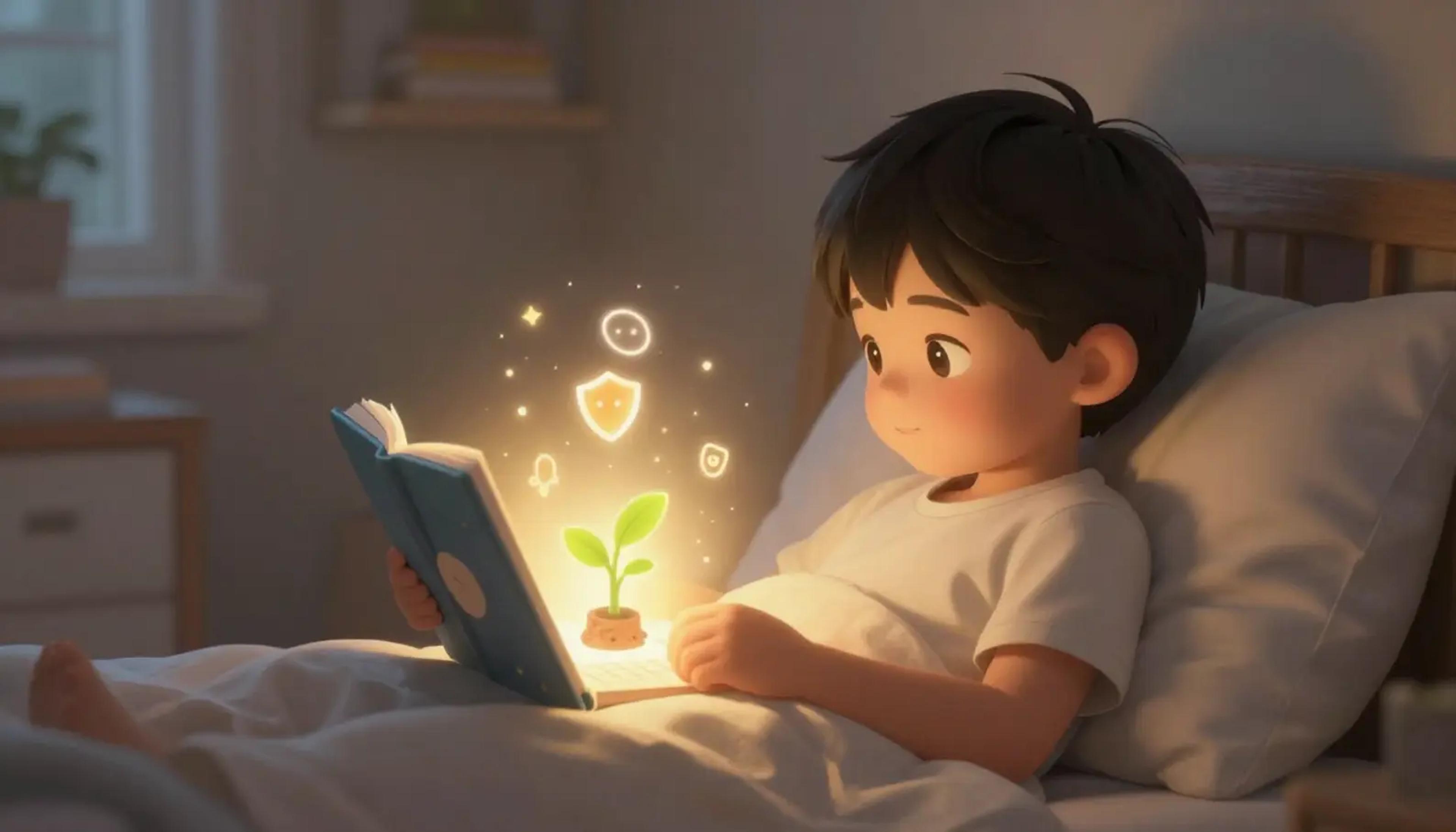 A young child looking brave and imaginative while listening to an audio story at bedtime