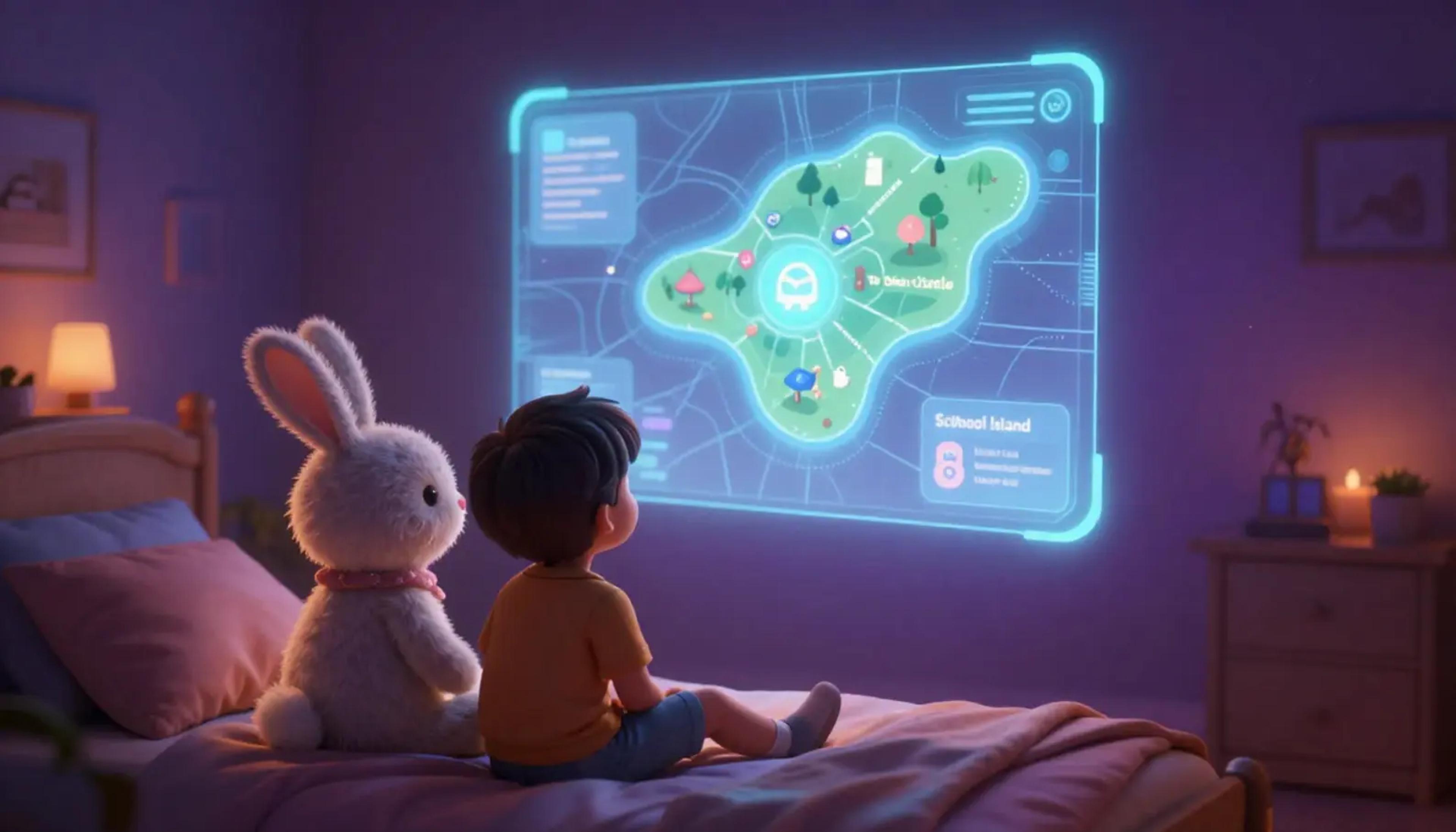 A child looking at a magical glowing map of life milestones projected on a bedroom wall.