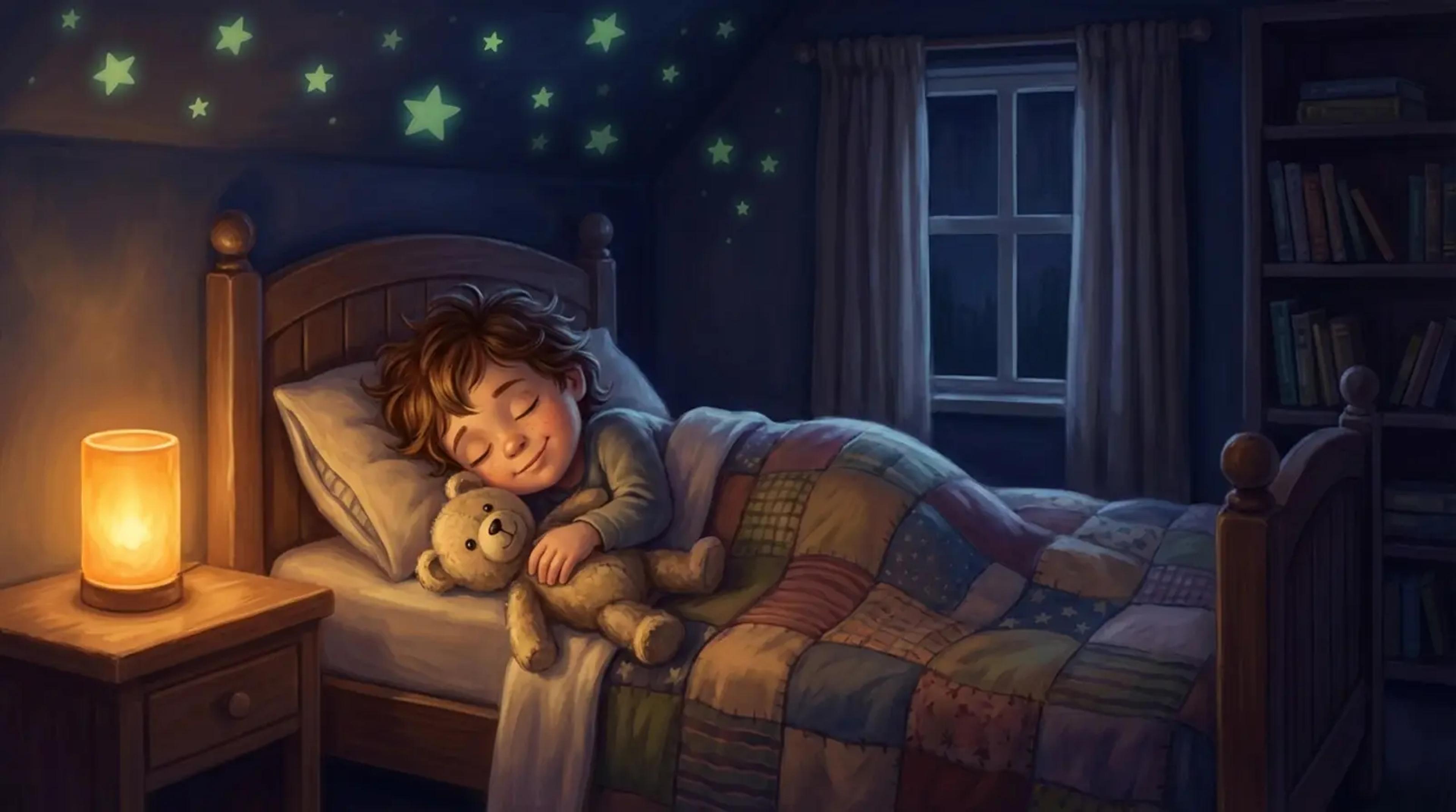 A child sleeping peacefully in a cozy bedroom with soft ambient lighting, representing a safe bedtime sanctuary.