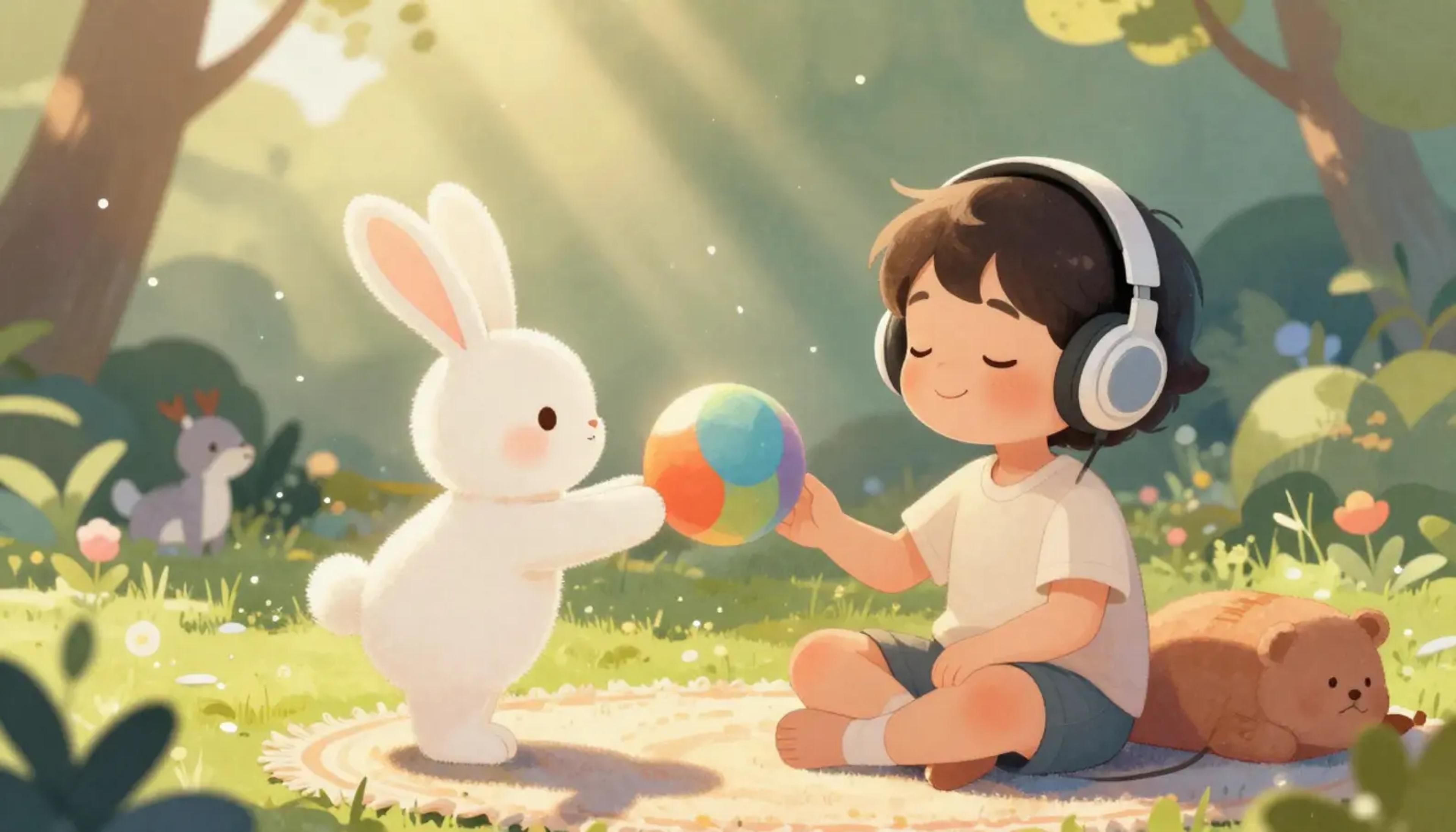 A child wearing headphones looking confidently at a playground while holding a teddy bear.