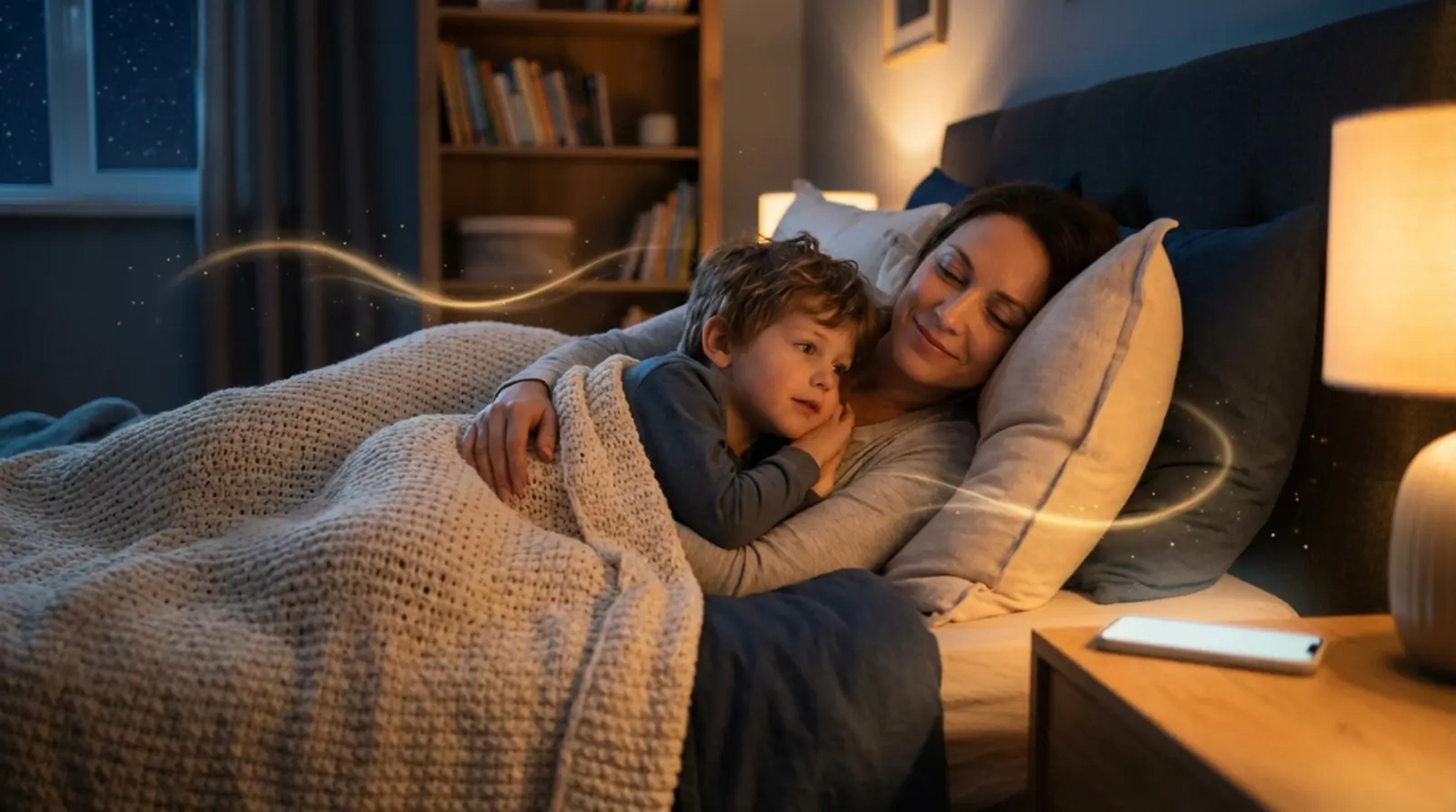 Eine entspannte Mutter und ihr kleiner Sohn sitzen gemeinsam in einem gemütlichen, sanft beleuchteten Kinderzimmer und lauschen einer personalisierten Audiogeschichte, die eine magische und stressfreie Einschlafatmosphäre schafft.