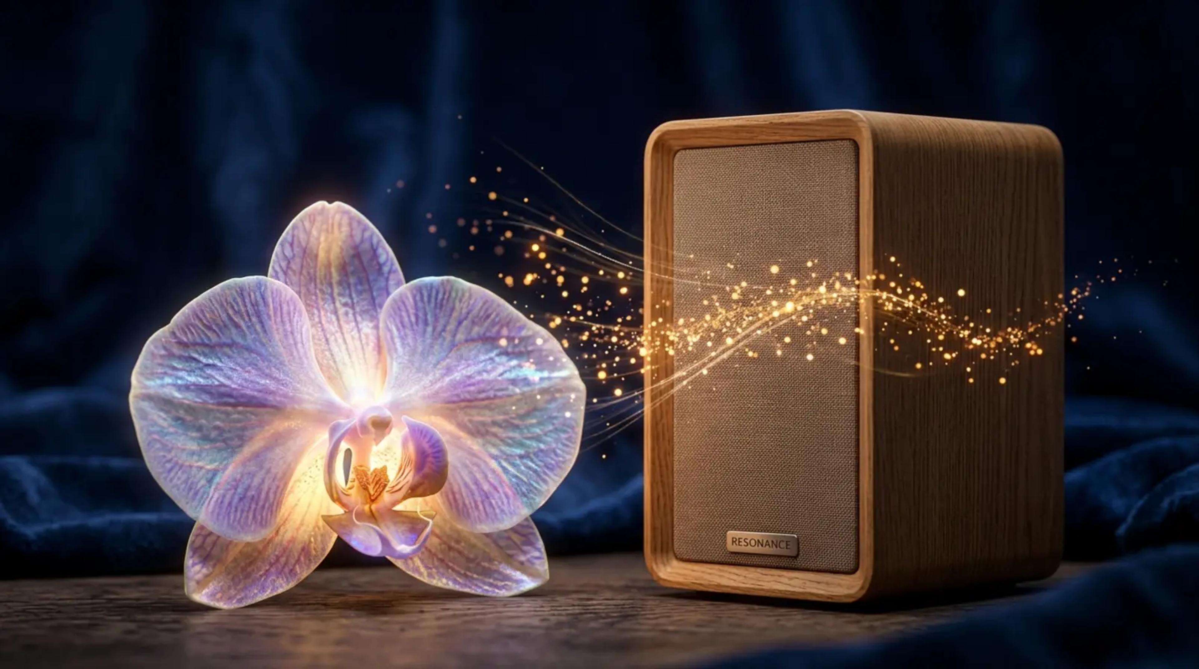 Eine zarte, leuchtende Orchidee in einem sanften, sicheren Garten, die die Innenwelt eines hochsensiblen Kindes darstellt.