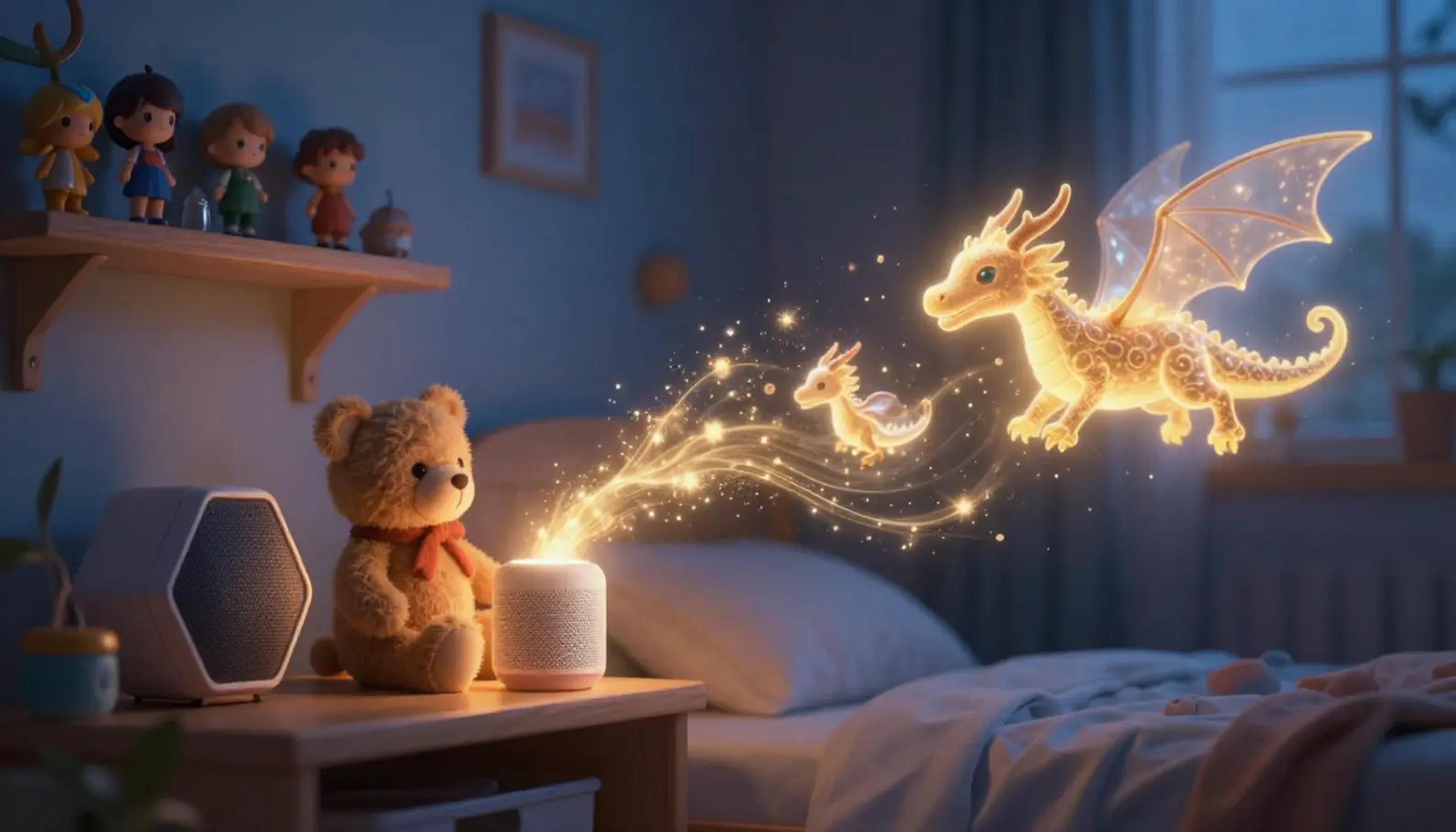 A child listening to a personalized story with a glowing magical aura representing their favorite toys coming to life.