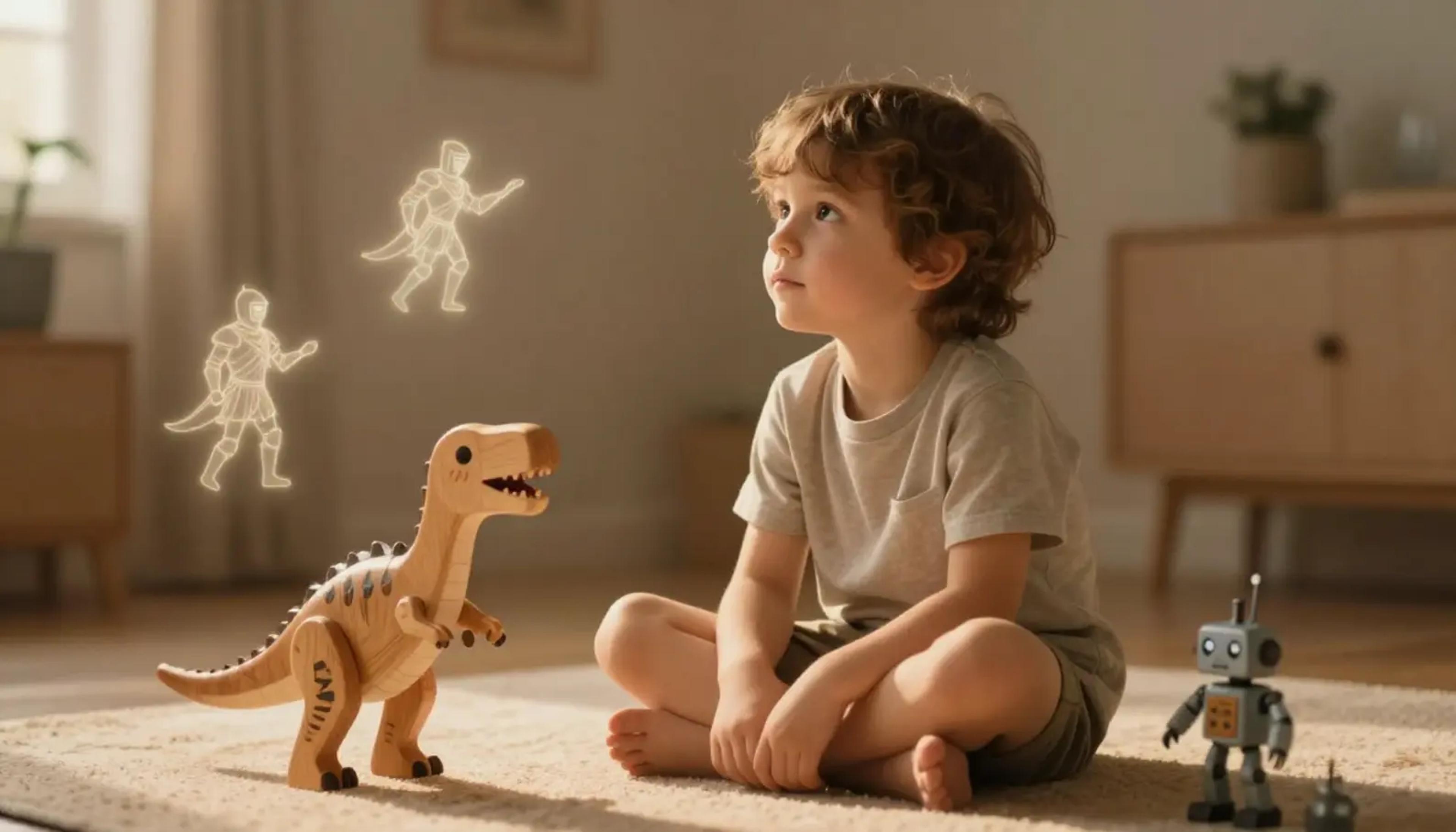 A child sitting on a rug, listening intently to an audio story while their toys come to life in their imagination.