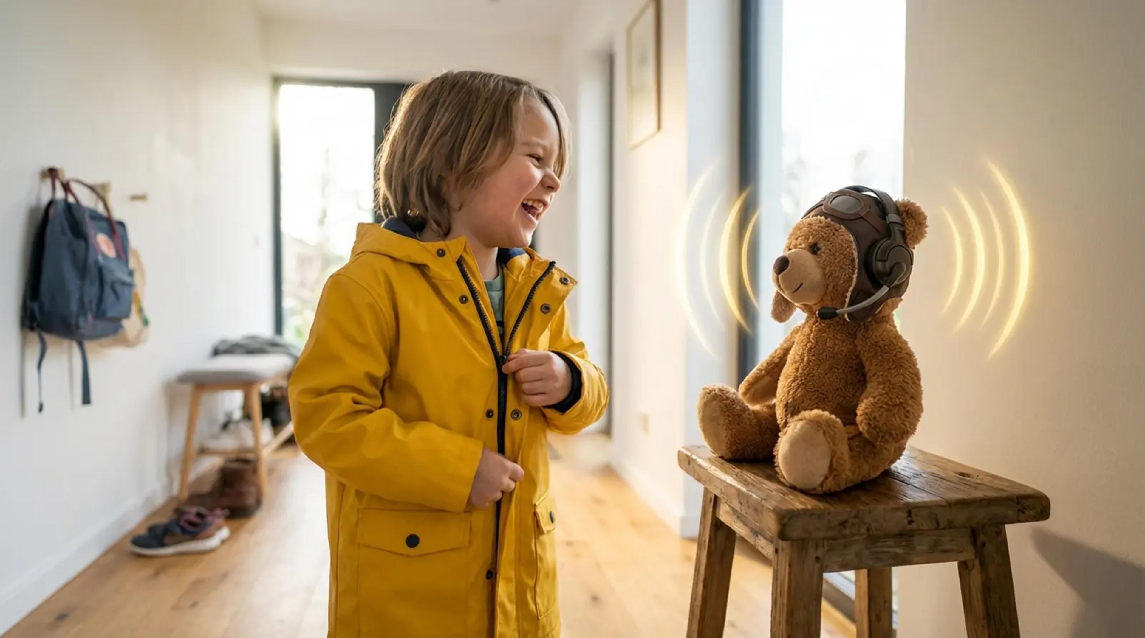 Ein kleines Kind bereitet sich freudig im sonnigen Flur auf die Schule vor, inspiriert von einem Stoffbären mit Headset, der als 'Missionsleiter' durch die Morgenroutine führt.