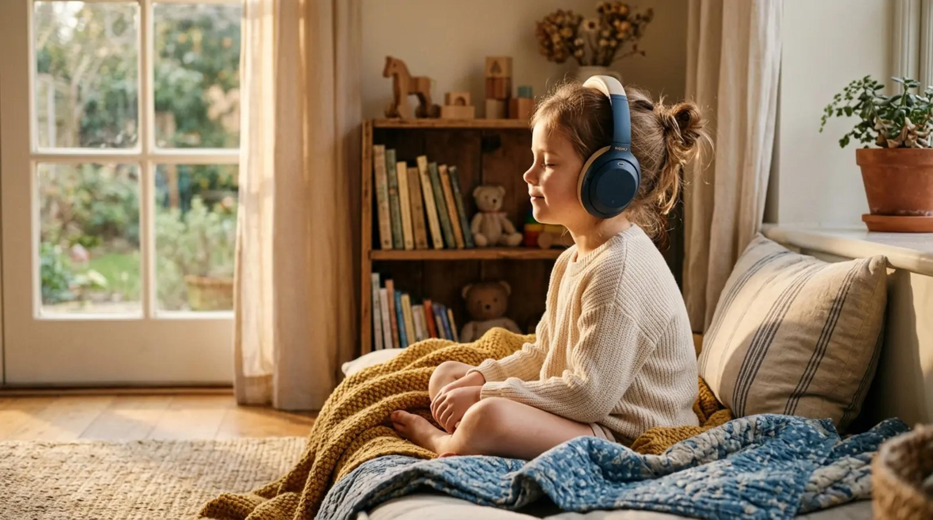 A young child sitting in a sunlit reading nook with eyes closed, wearing headphones and smiling peacefully, surrounded by wooden toys and soft blankets.
