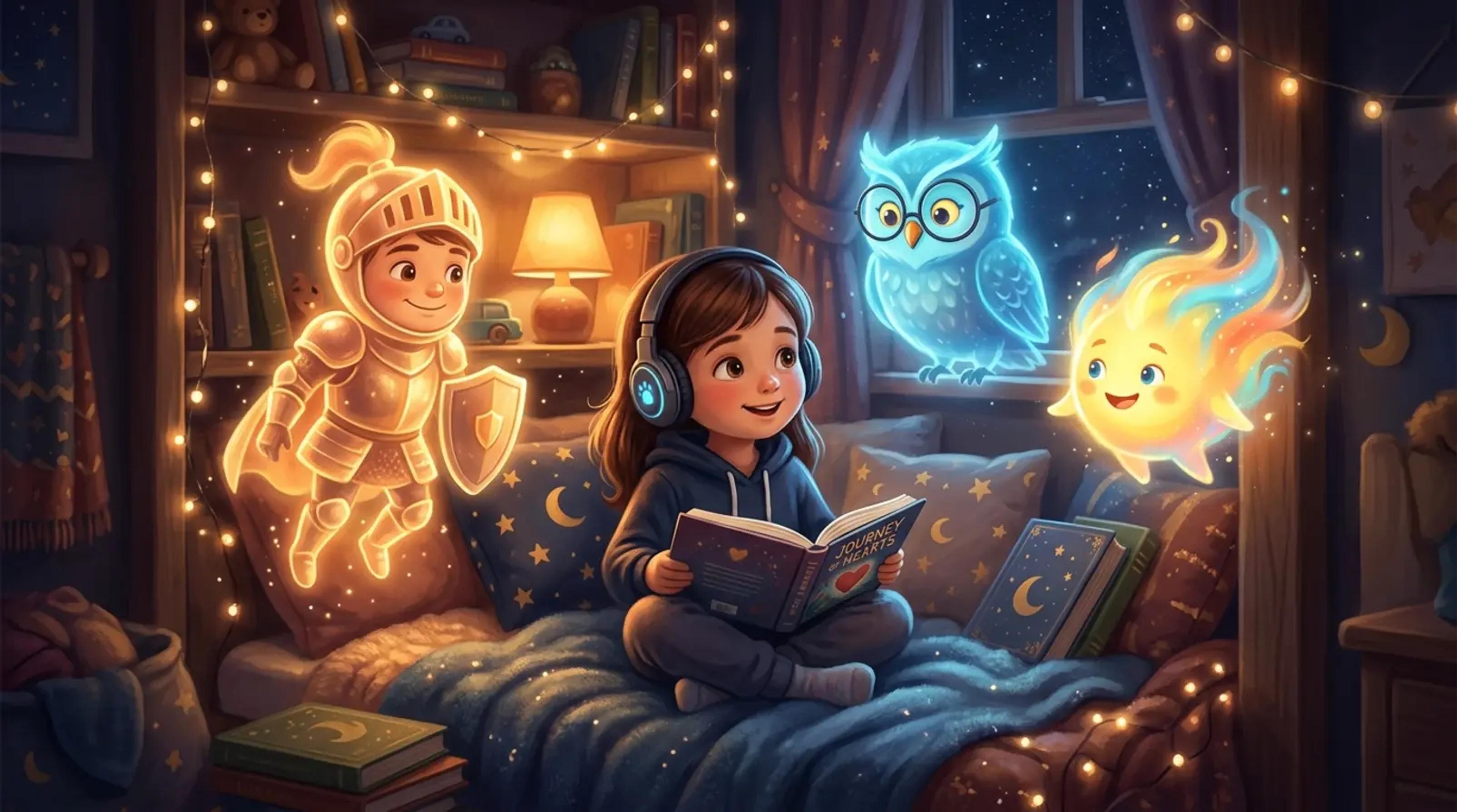 Ein kleines Kind sitzt in einem gemütlichen Schlafzimmer und hört Audio, umgeben von freundlichen, leuchtenden Charaktersilhouetten, die verschiedene Emotionen darstellen.