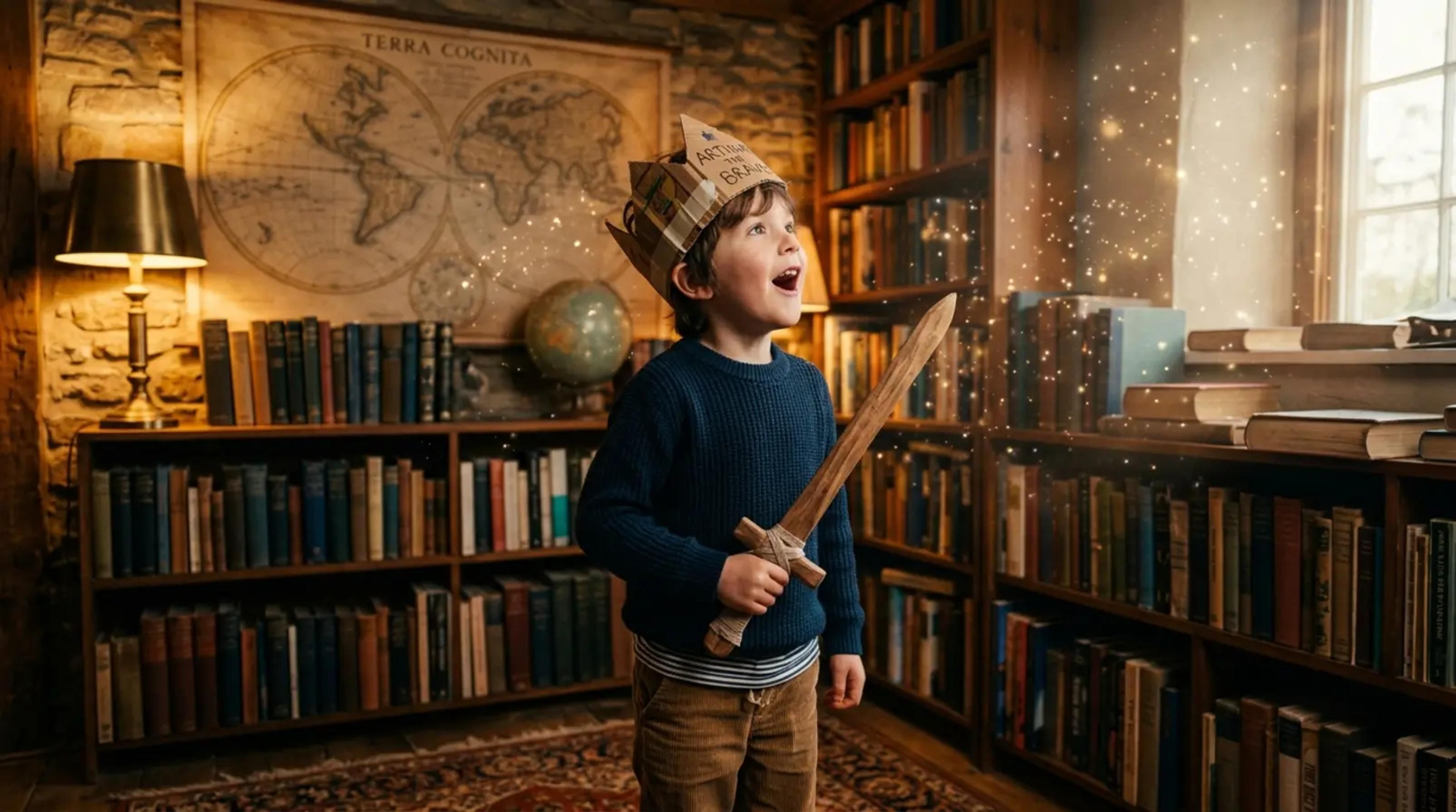 A young child wearing a cardboard crown and holding a wooden sword, looking with wonder at a glowing bookshelf in a cozy home library.