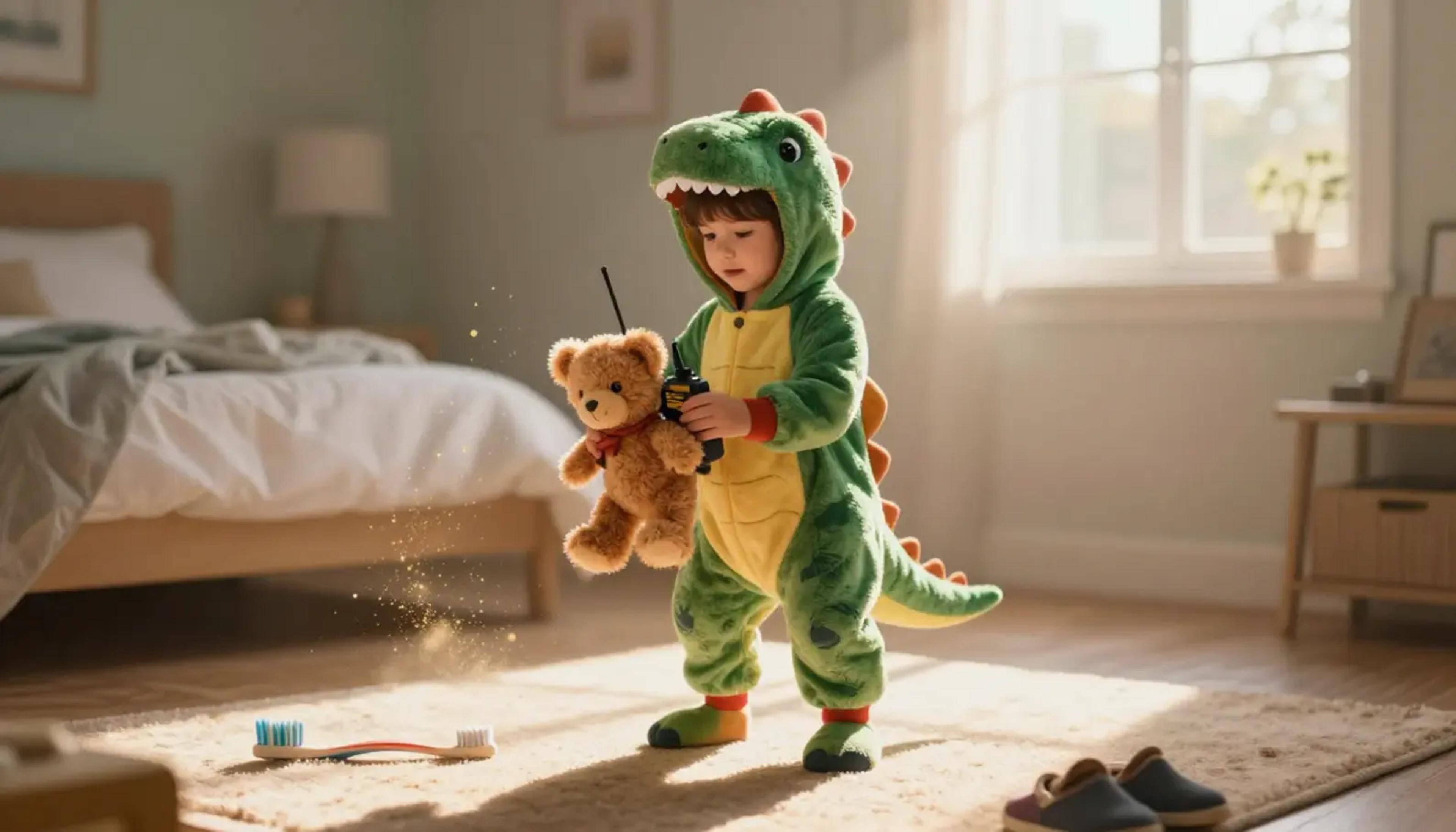 A young child in pajamas standing heroically on a bed, holding a teddy bear as if it were a walkie-talkie, with morning sunlight streaming through the window.