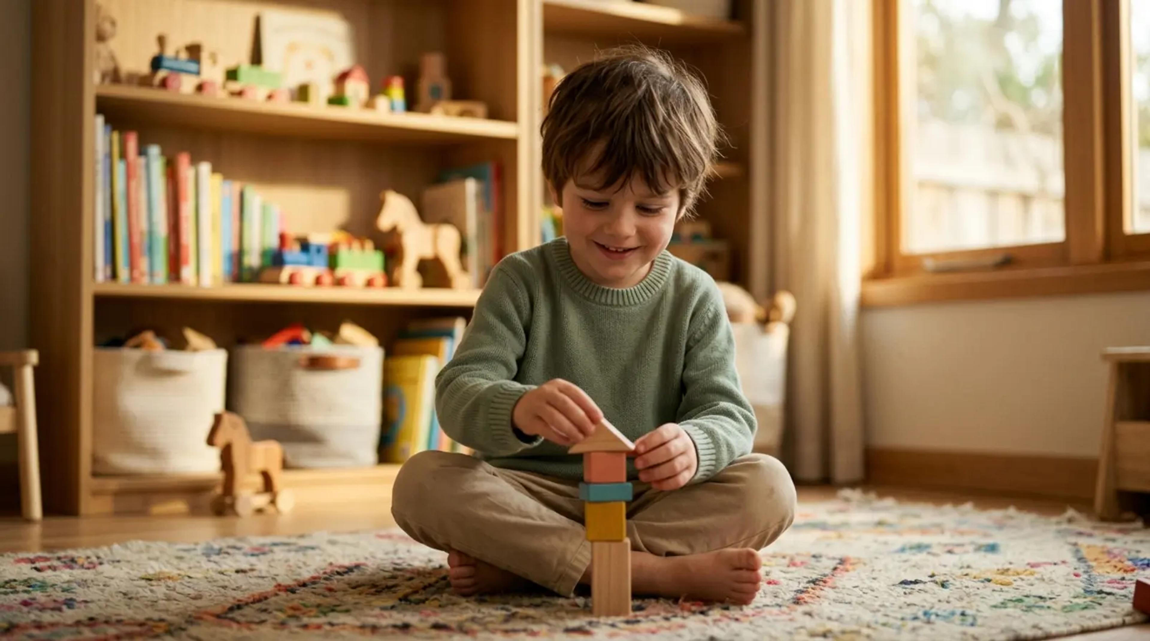 A young child sitting comfortably on a rug, listening intently with a look of wonder, surrounded by wooden blocks and books.