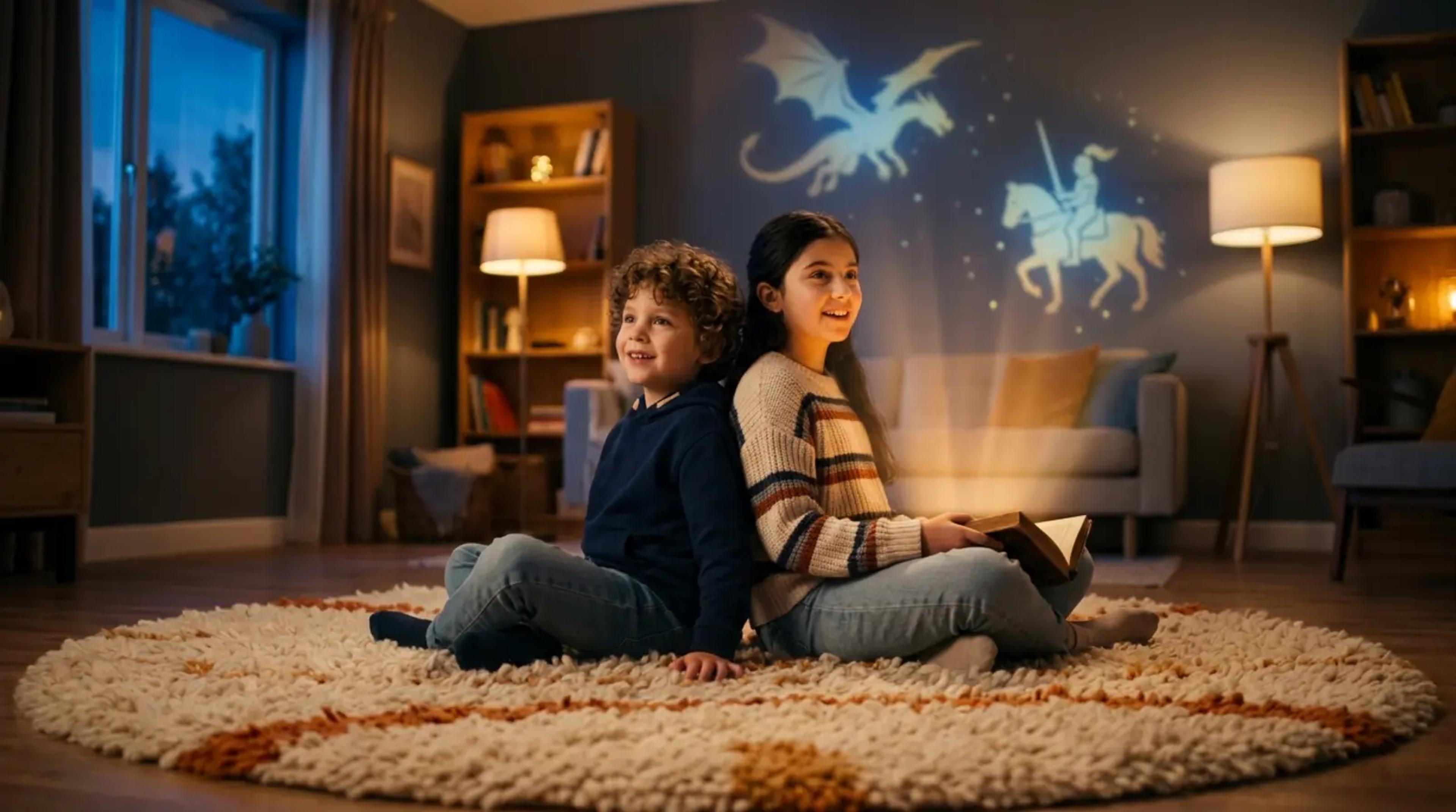 Two siblings sitting together in a cozy, dimly lit room, listening intently to a glowing audio device with magical shadows of a dragon and a knight on the wall.