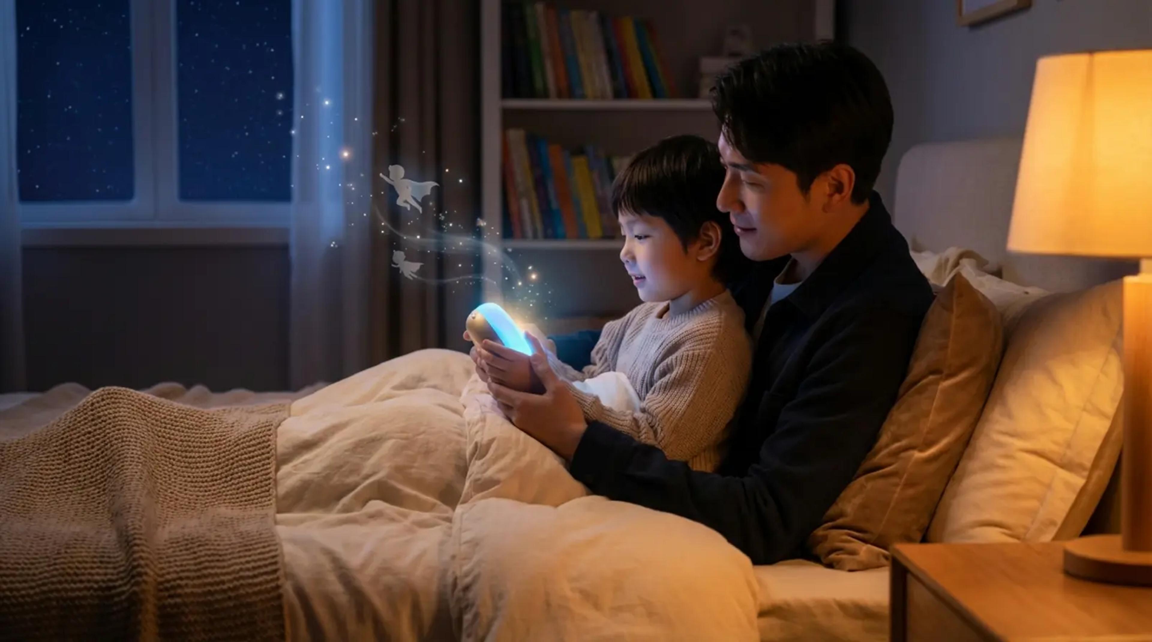 Ein Elternteil und ein Kind kuscheln in einem gemütlich beleuchteten Schlafzimmer und hören einer magisch leuchtenden Hörgeschichte zu, die den Aufbau von Resilienz und einer Wachstumsmentalität symbolisiert.