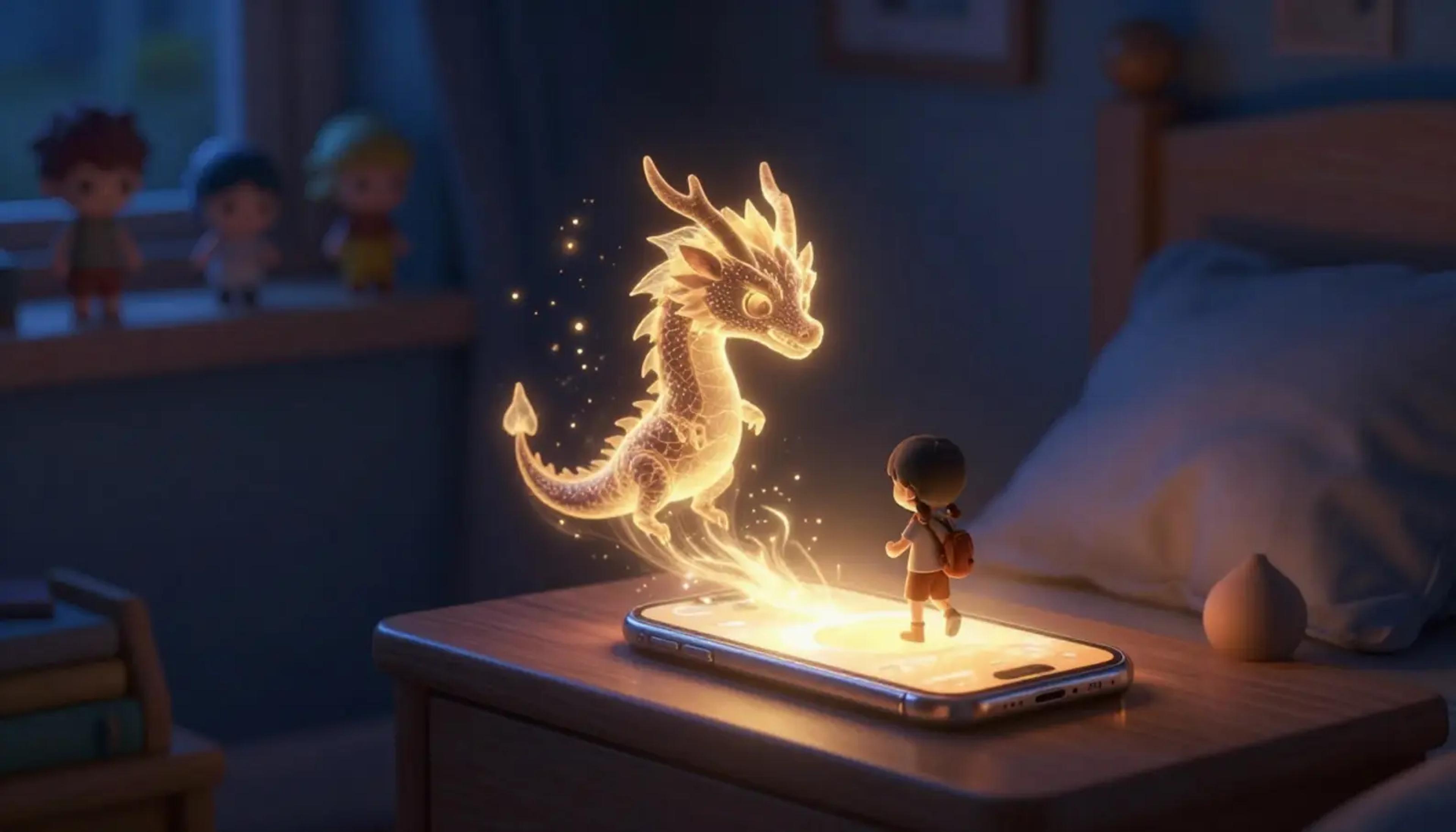 A child listening intently to a magical story with glowing imagination bubbles appearing around them, contrasting with static toys on a shelf.