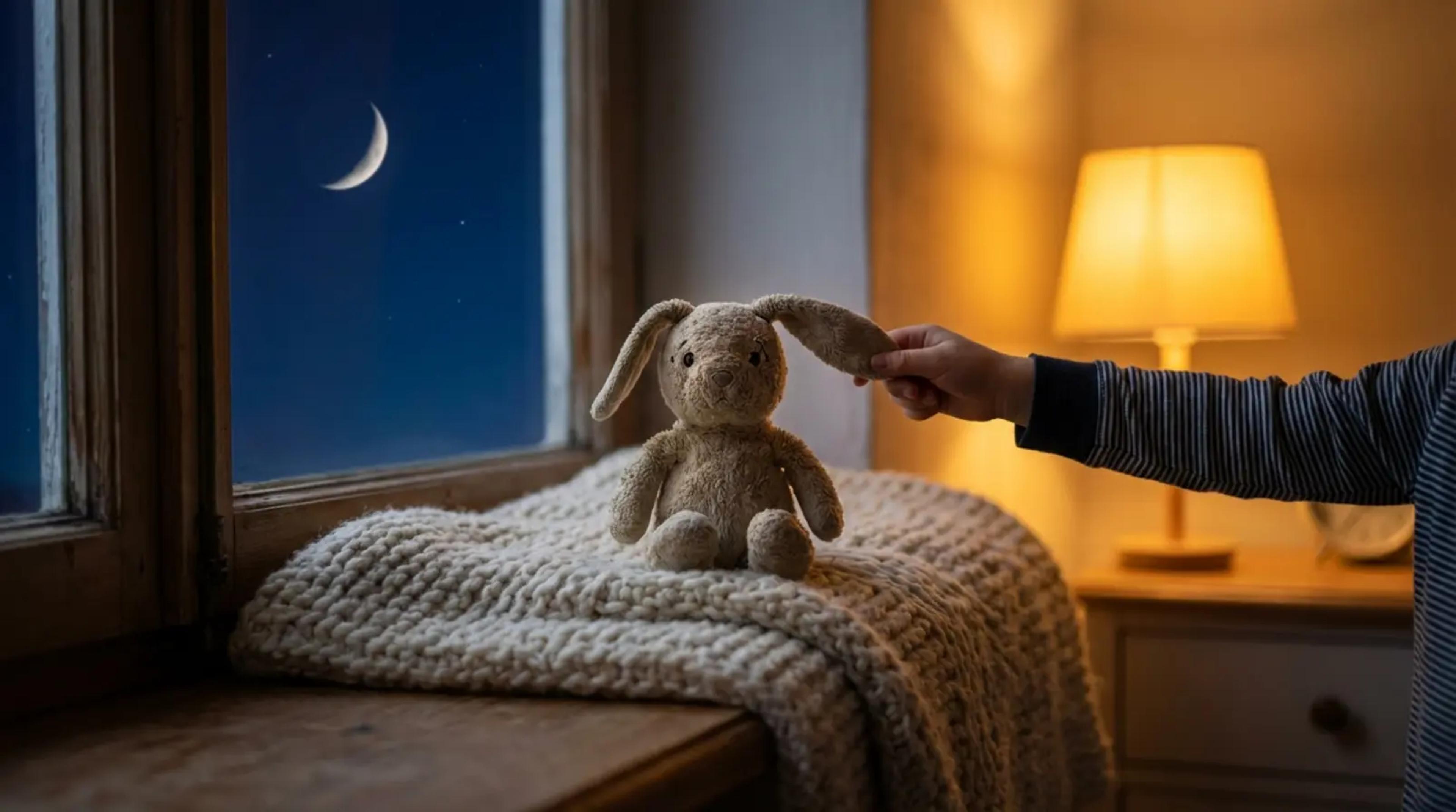 A plush toy rabbit sitting by a window at night, symbolizing a safe observational anchor for a child.