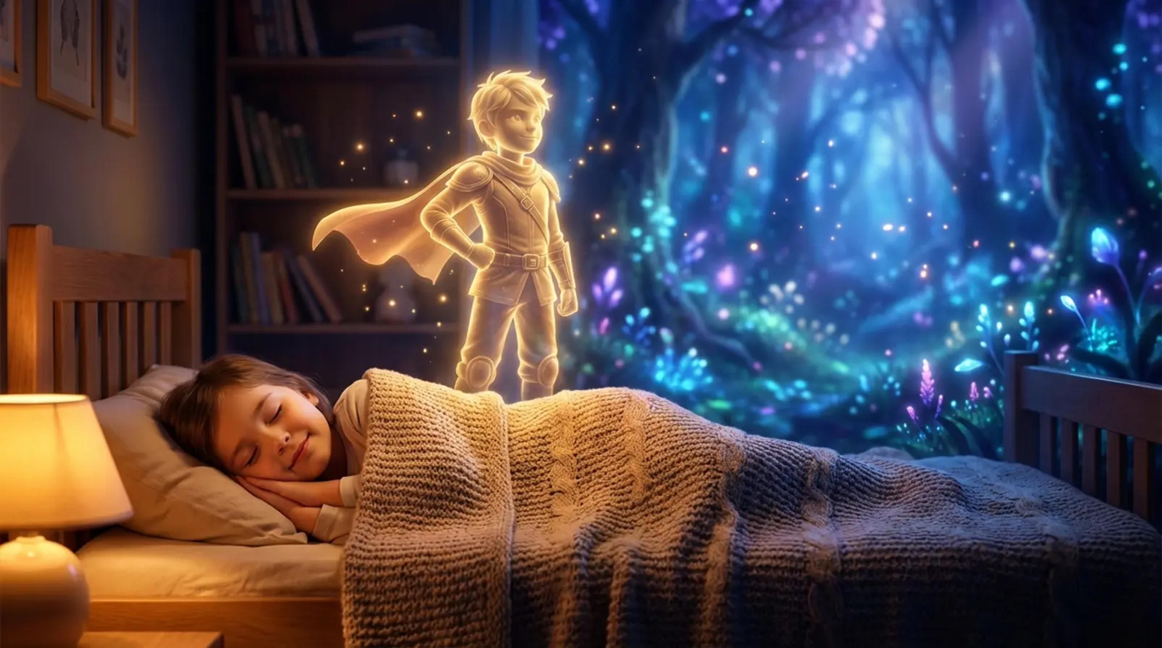 A young child sleeping peacefully in a cozy bed while their imagination projects a heroic version of themselves in a magical forest, illustrating the Hero Effect of personalized audio stories.