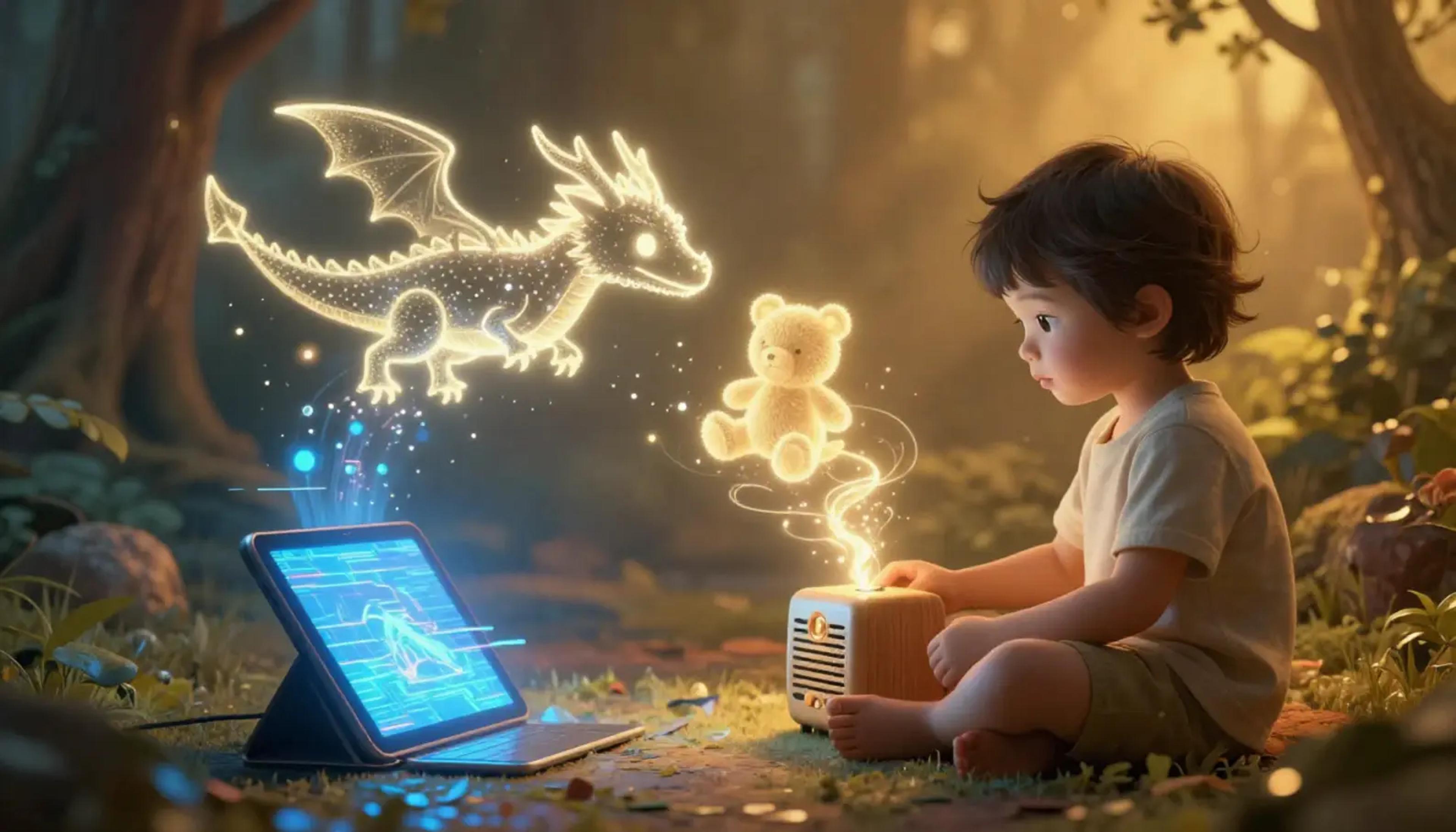 Ein Kind sitzt friedlich in einem gemütlichen Zimmer und hört eine Geschichte, während seine Fantasie ein Spielzeug in einem weichen, leuchtenden Licht zum Leben erweckt.