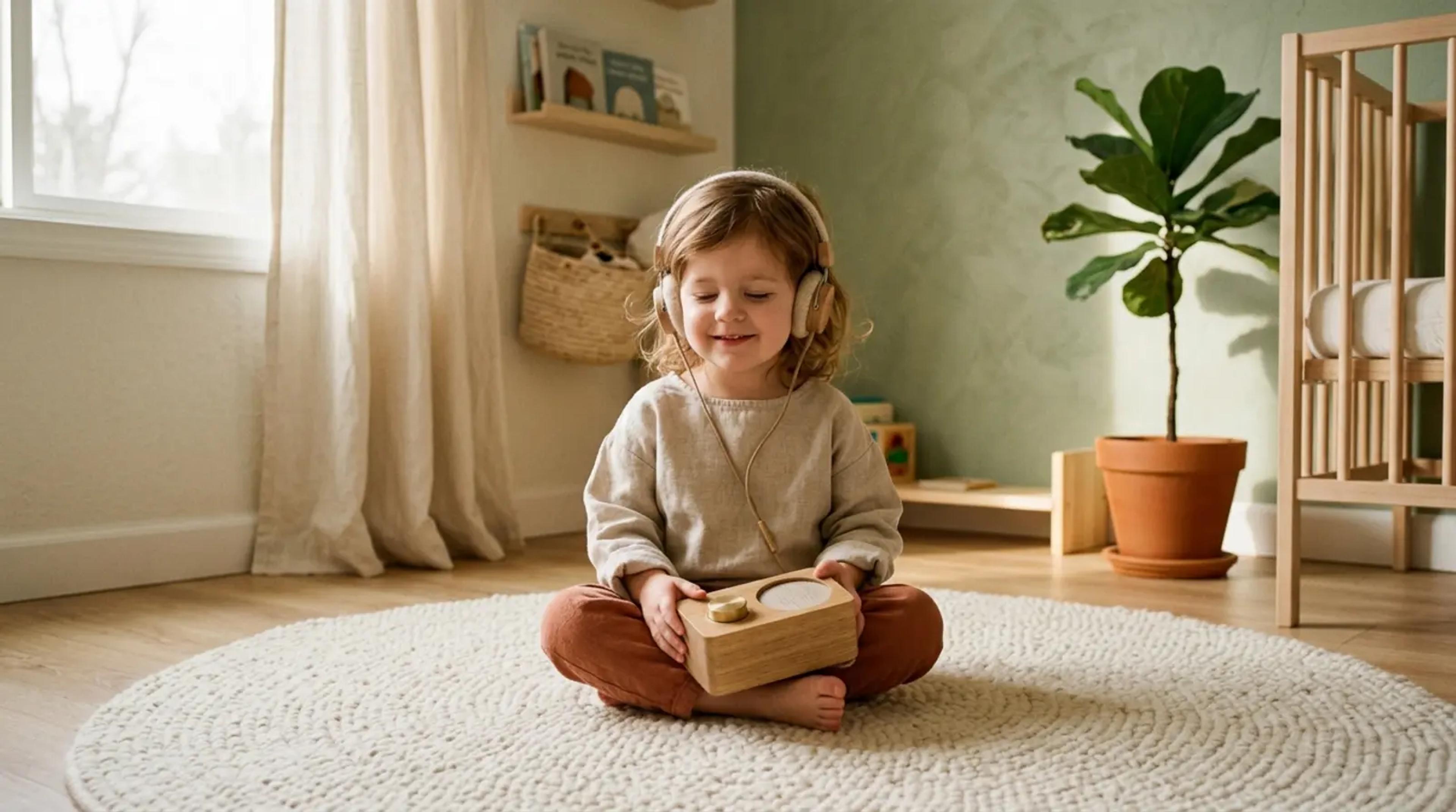Ein Kind sitzt friedlich in einem sonnendurchfluteten, minimalistischen Raum und hört einem kleinen Audiogerät zu, umgeben von natürlichen Holzspielzeugen.