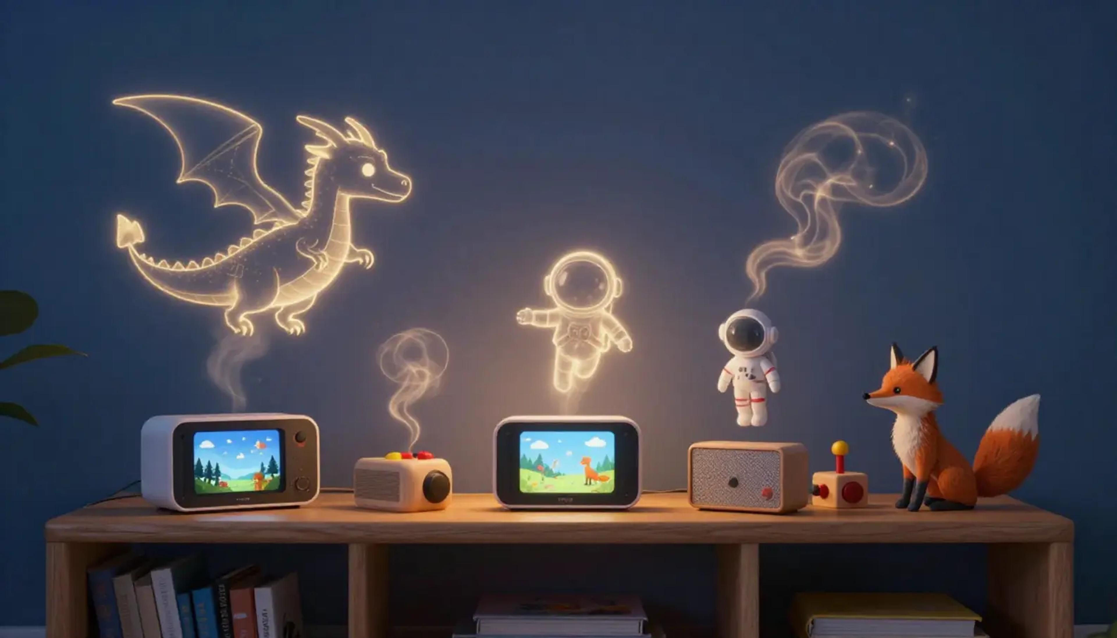 A variety of screen-free audio players on a wooden shelf with magical glowing storytelling elements