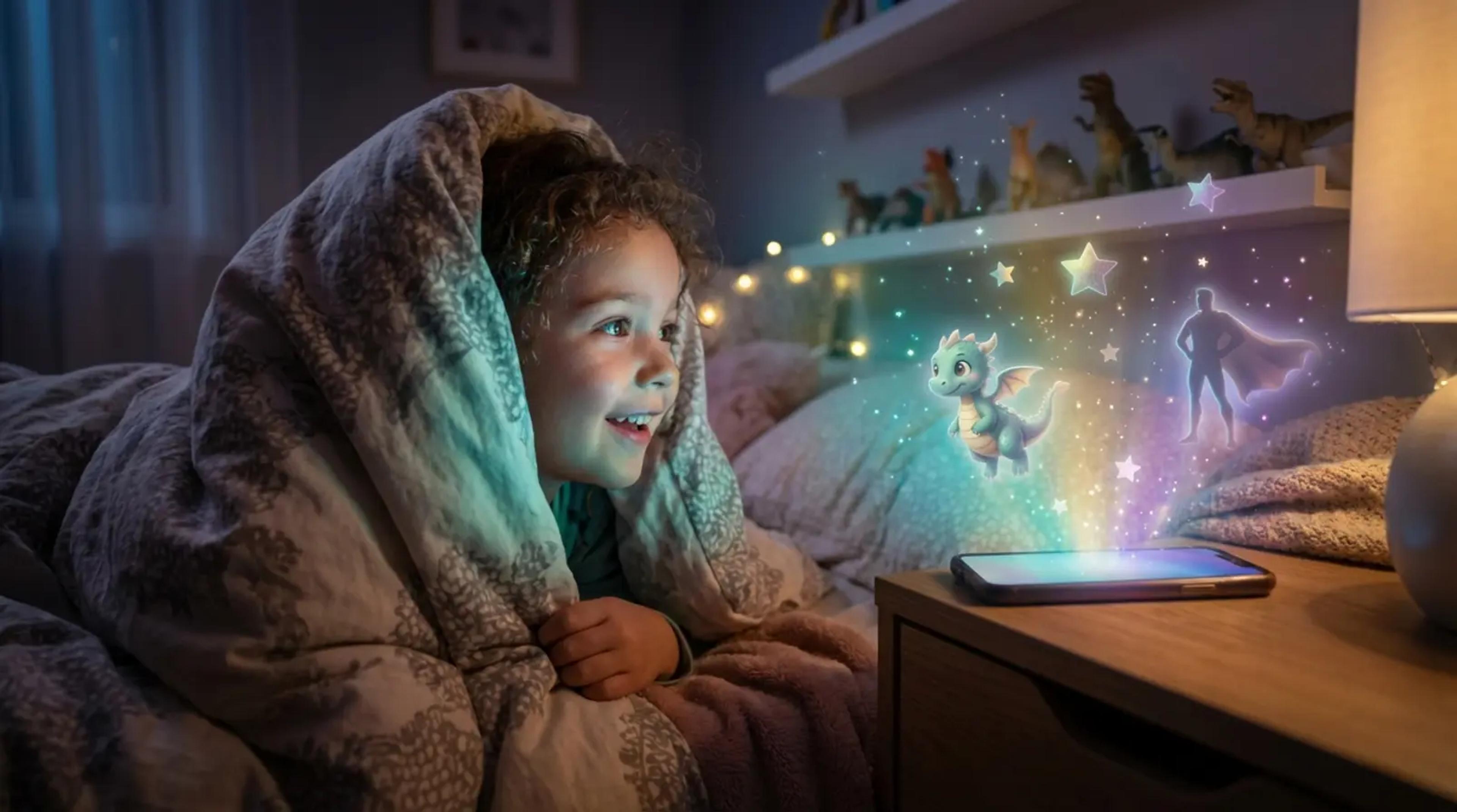 A young child in a cozy bed looking with wonder at a smartphone that emits a magical, glowing story with a dragon and stars, illustrating the magic of personalized AI bedtime stories compared to physical toys.