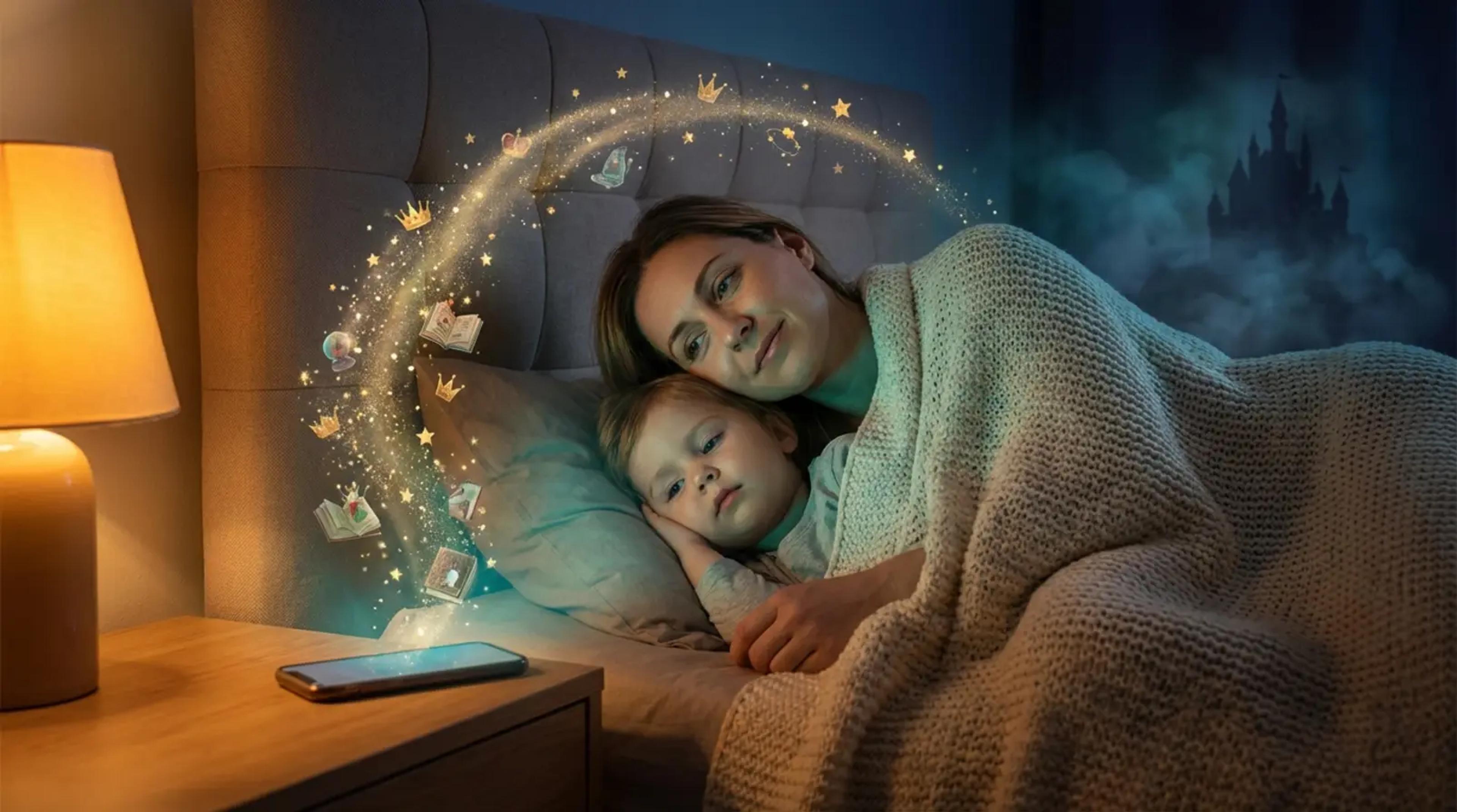 A mother and child cuddling peacefully in a cozy bed, watching a magical bridge of golden light and storybook icons emerge, symbolizing a stress-free AI-powered bedtime story experience.