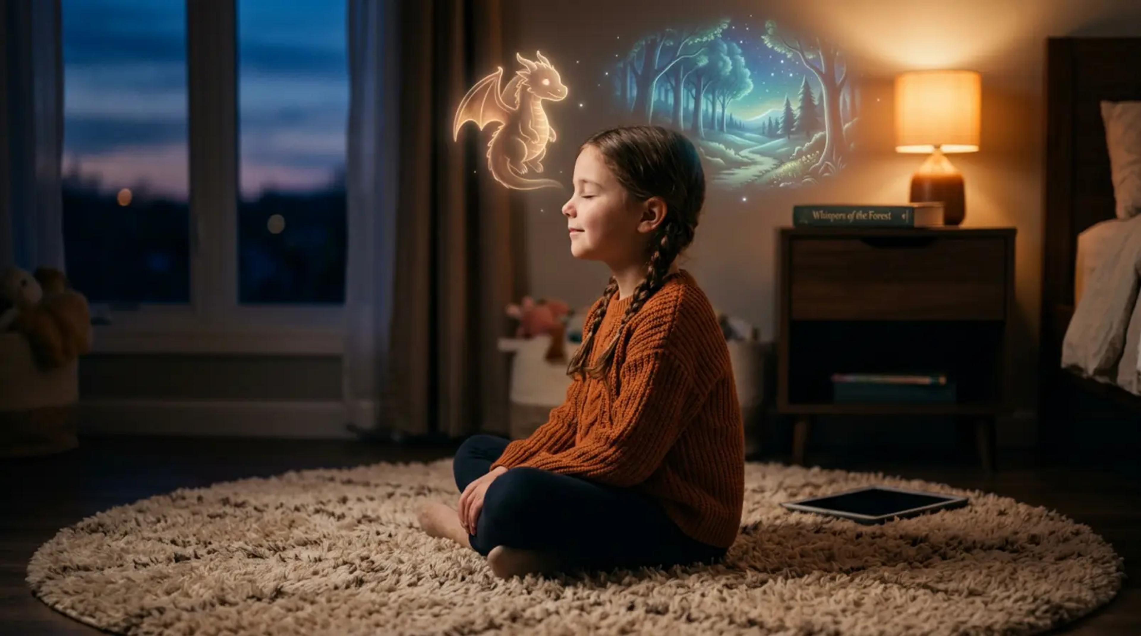 A young child sitting peacefully with eyes closed, imagining a vibrant fantasy world while a tablet lies face down nearby.