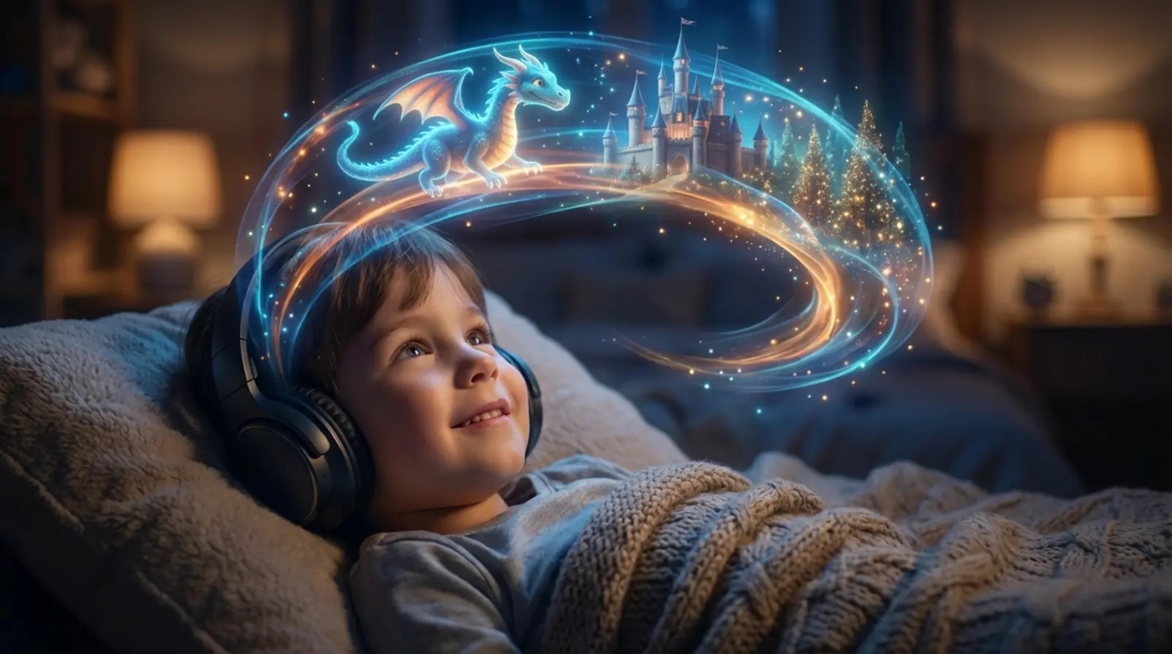 A young child wearing headphones with a look of wonder, surrounded by a glowing, magical 'internal movie' featuring a dragon and a castle, illustrating auditory visualization.