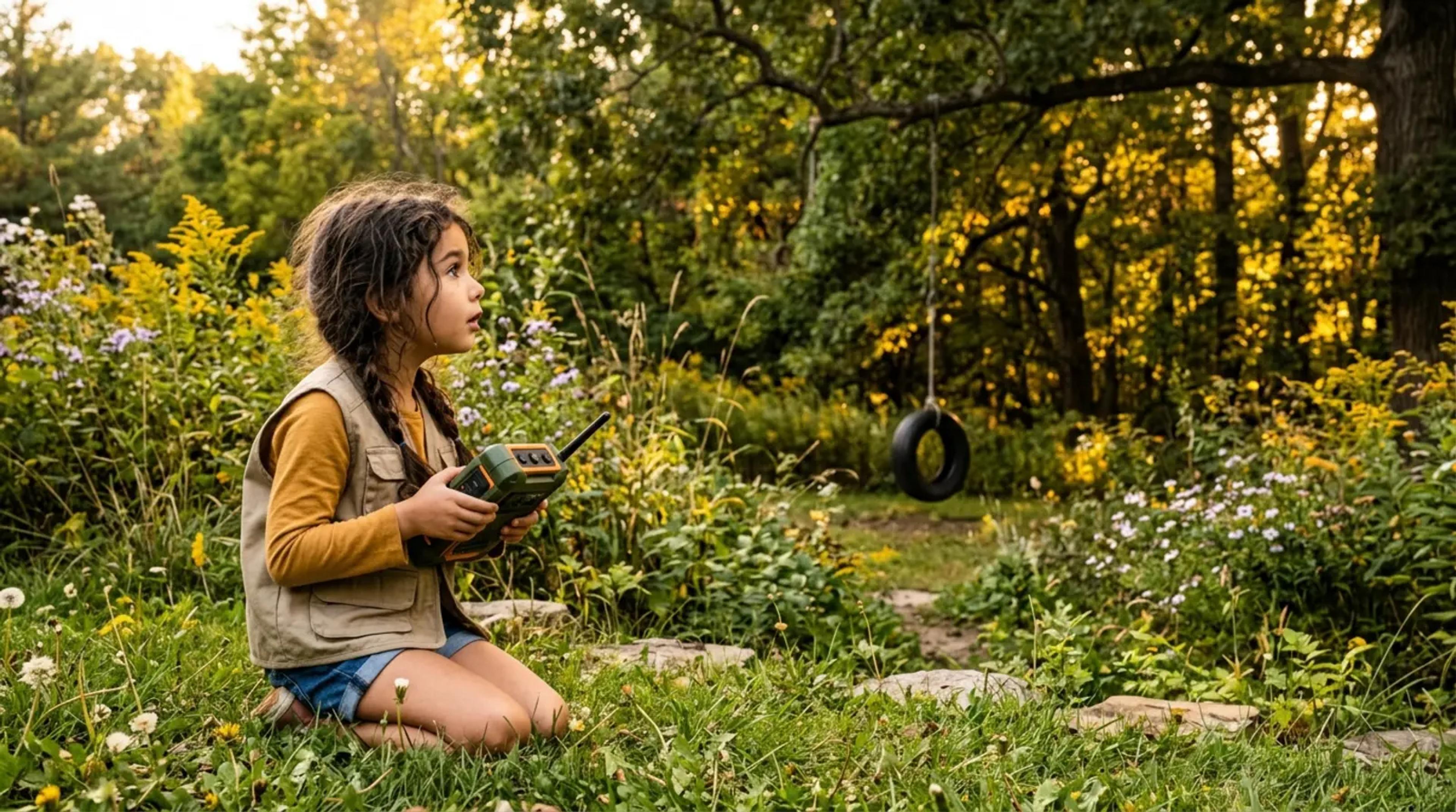 A young child exploring a wild backyard with a small audio player, looking adventurous.