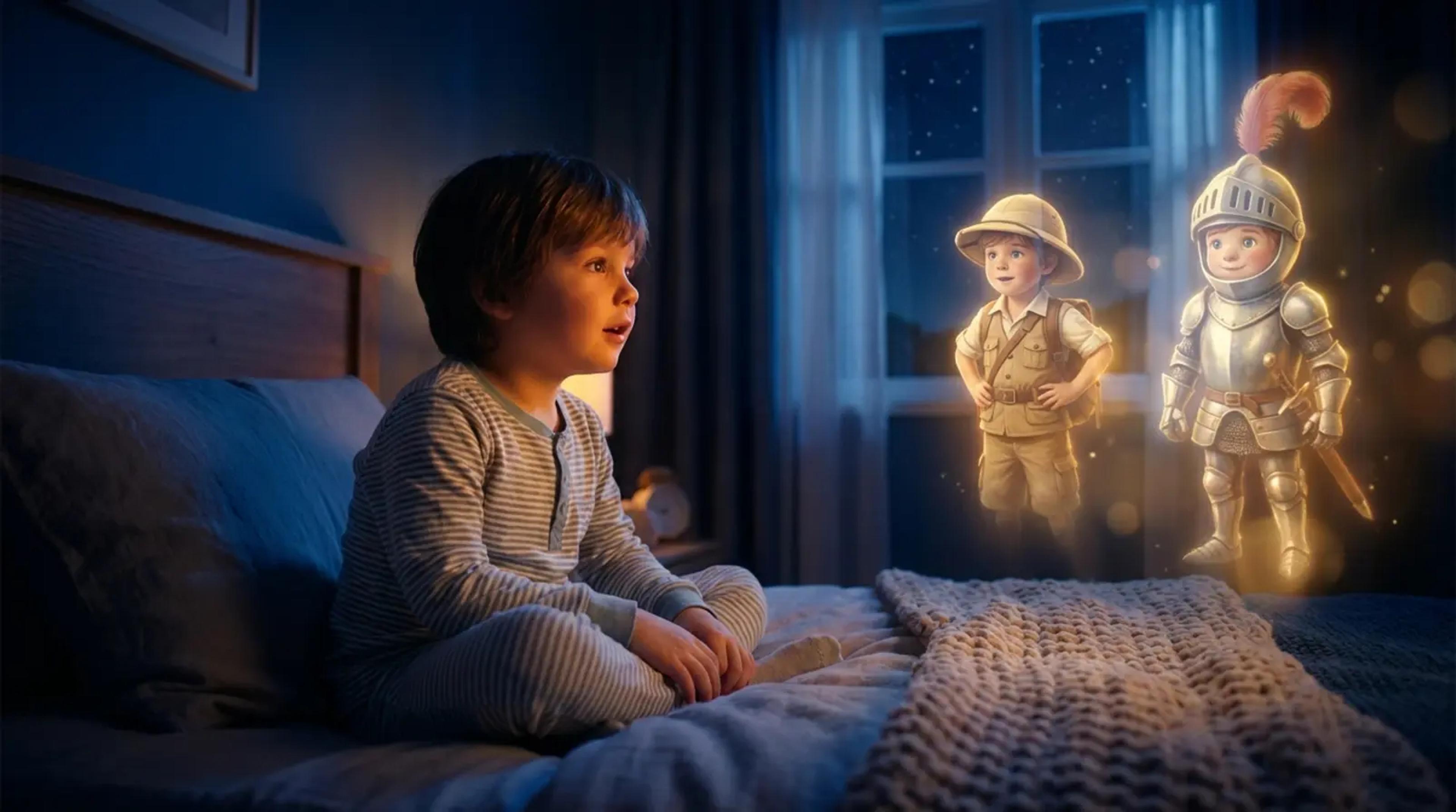 A young child sitting on a cozy bed at night, looking in awe at glowing, magical versions of themselves as a storybook hero, illustrating the concept of personalized AI bedtime stories.