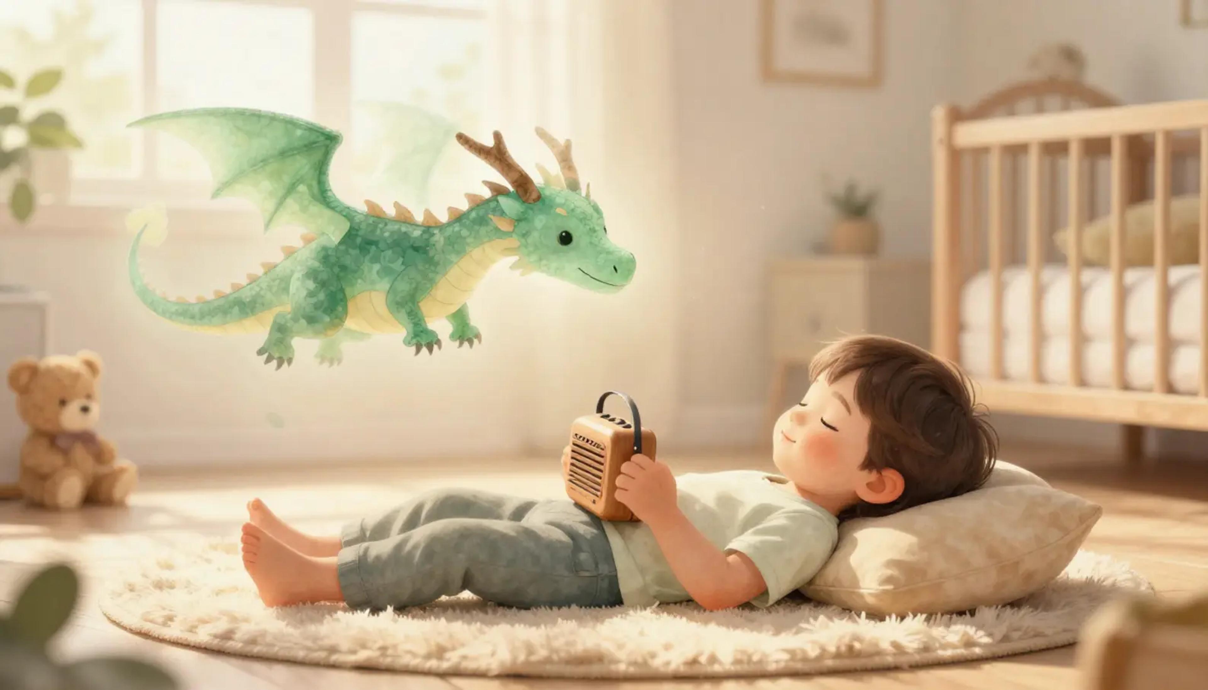 A young child resting peacefully in a cozy bedroom listening to an audio story, with imaginary watercolor elements floating above.