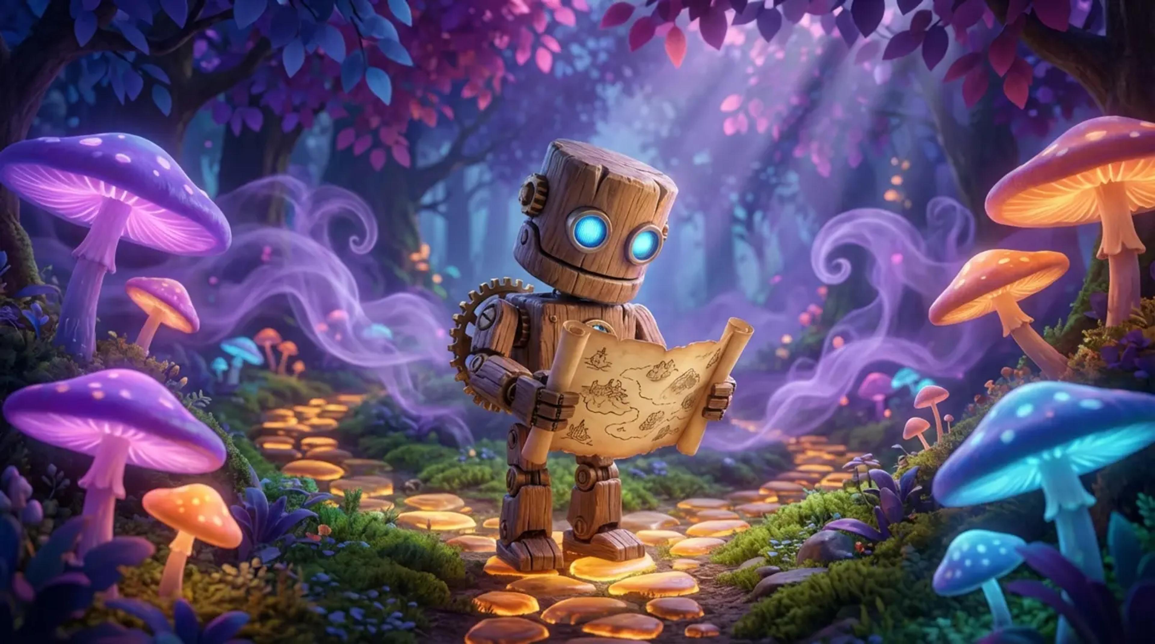 A small toy robot looking at a map at a crossroads in a whimsical forest, symbolizing cognitive flexibility.