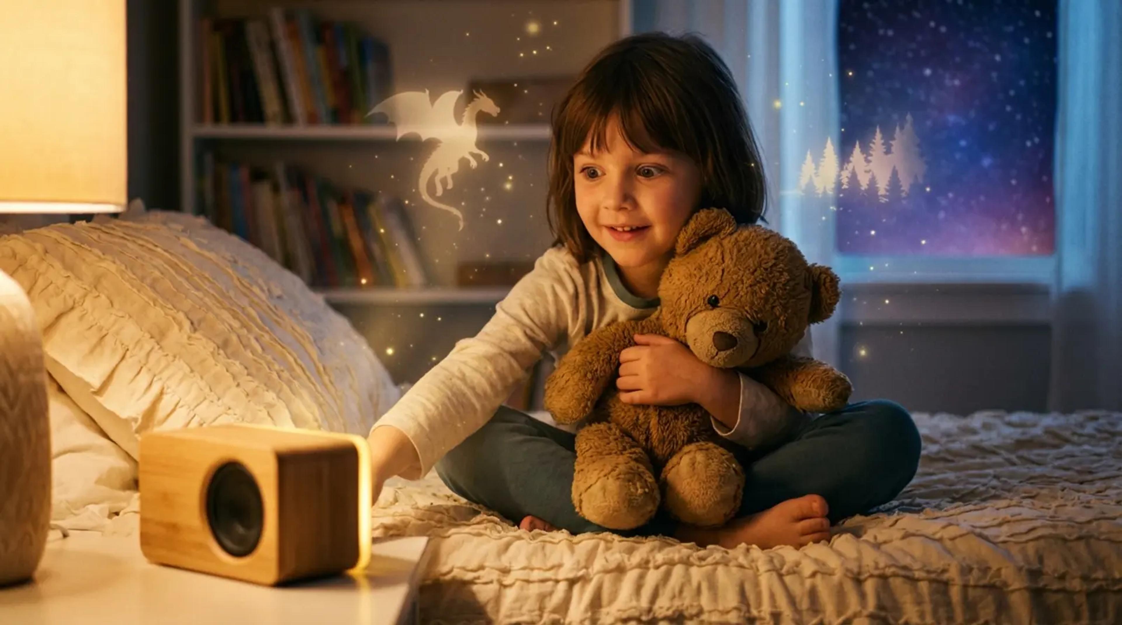 A young child sitting on a bed in a cozy, dimly lit room, listening intently to a personalized audio story with a look of wonder, as magical glowing silhouettes of a dragon and a forest appear in the air around them.