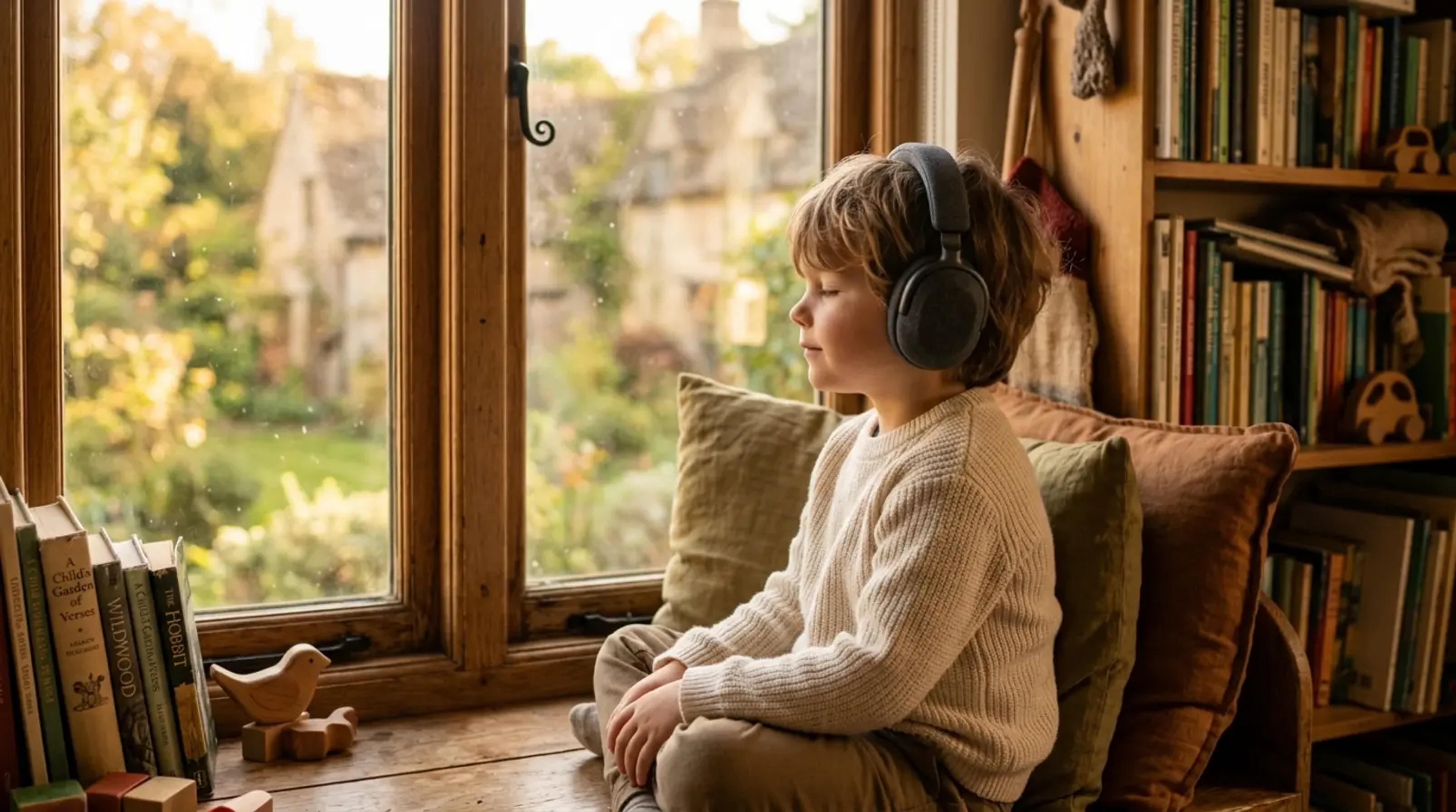 A young child sitting peacefully in a cozy nook with headphones on, eyes closed, imagining a story without screens.