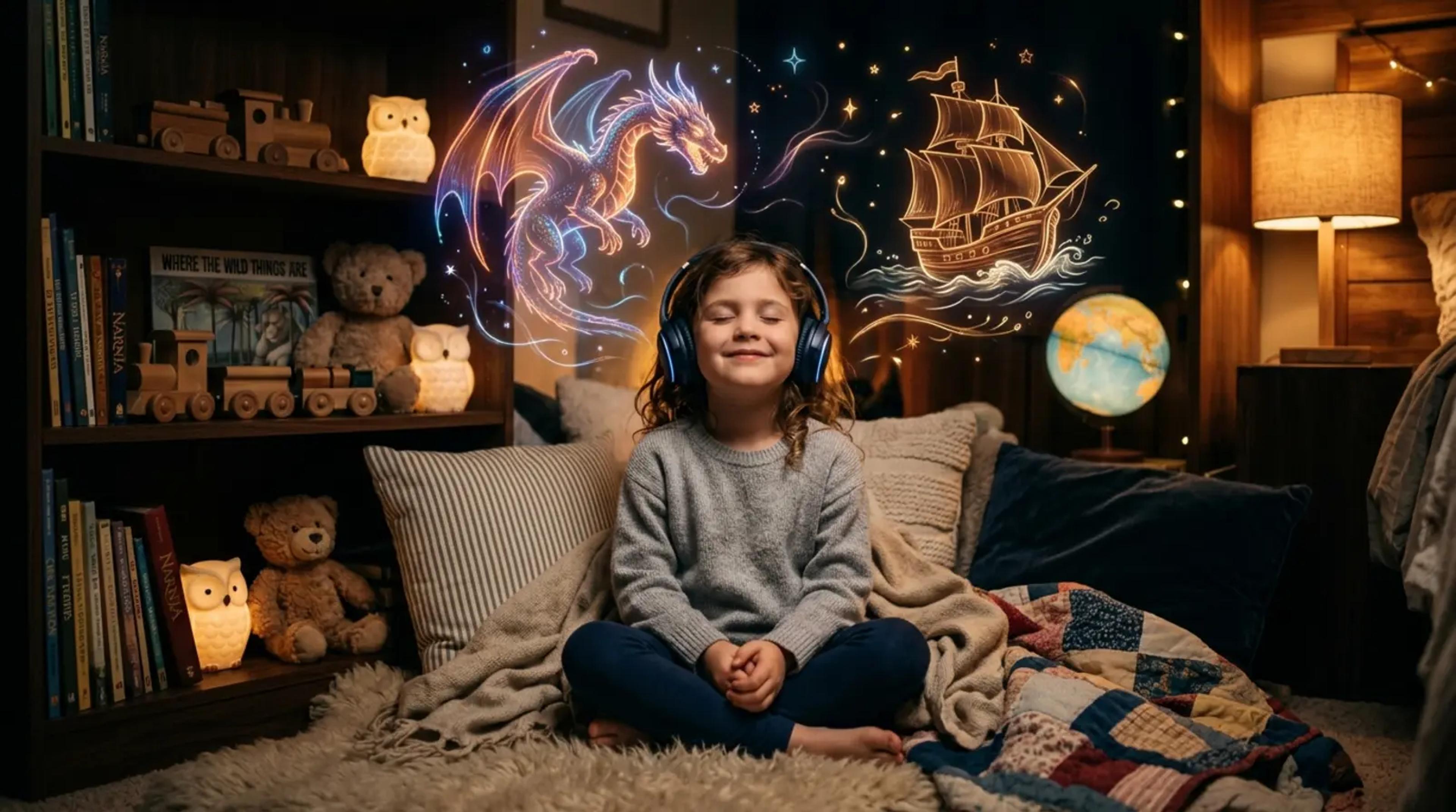 A child sitting comfortably with eyes closed, surrounded by ethereal, glowing outlines of dragons and castles representing their imagination.