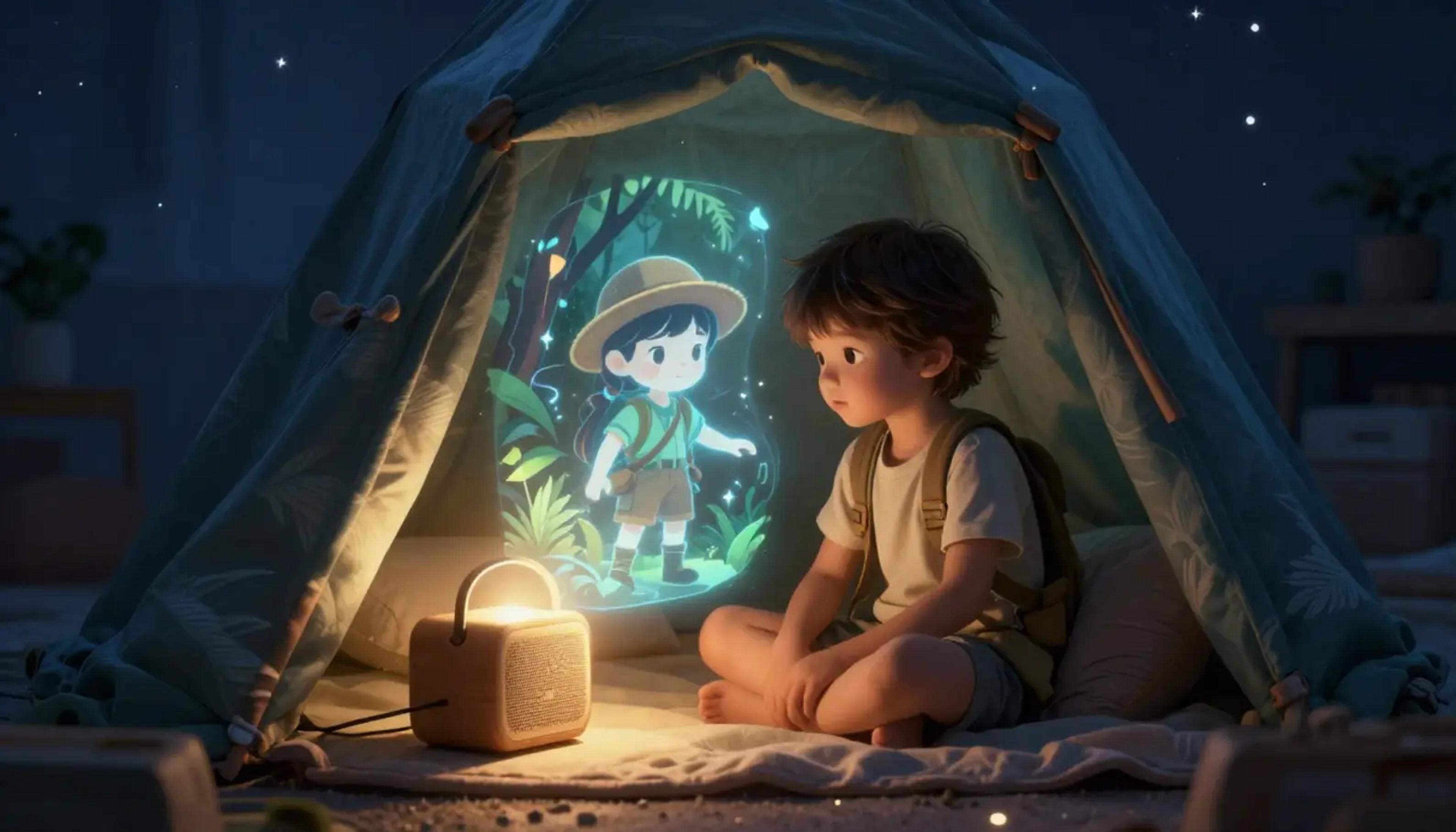 A child listening intently to a personalized story with a magical glow around them.