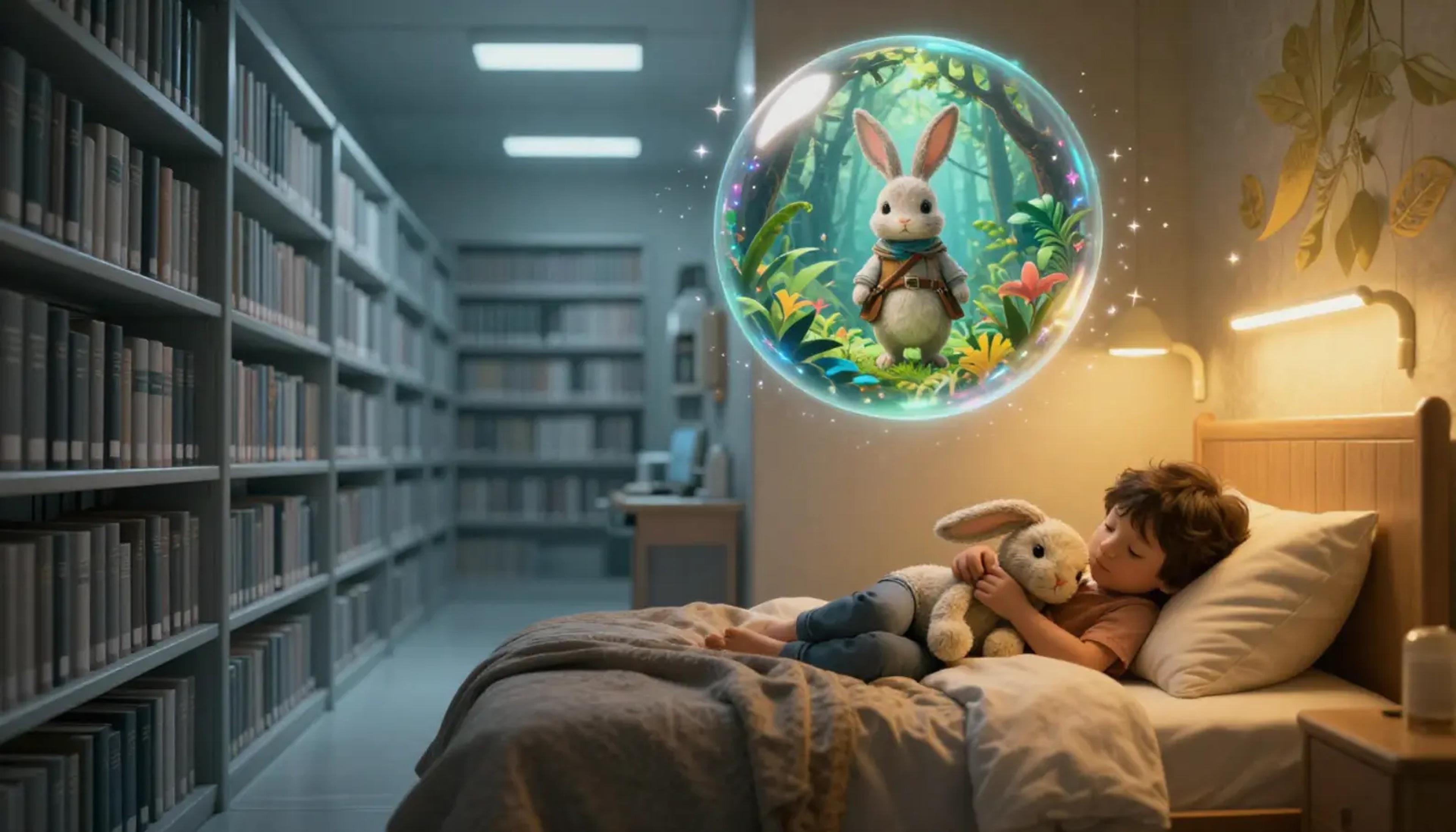 A child looking at a magical glowing storybook where their own teddy bear comes to life as a hero, contrasting with a background of endless generic bookshelves.