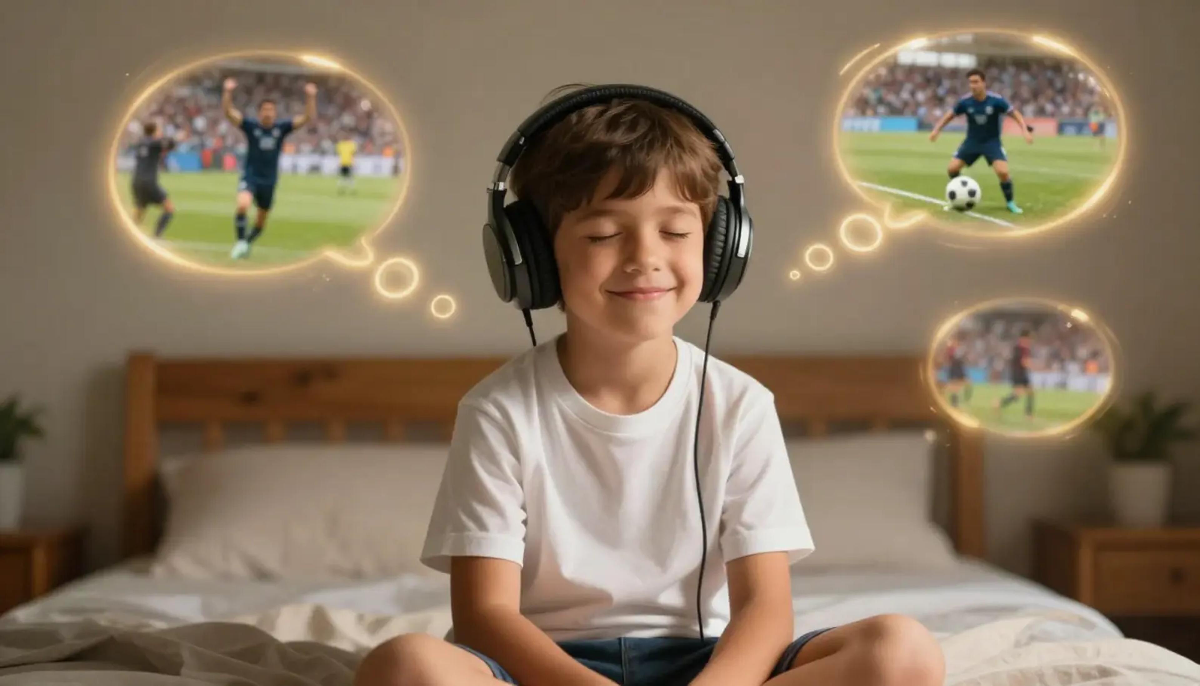 A young child sitting peacefully with headphones on, visualizing a successful sports performance with a faint golden glow representing their imagination.