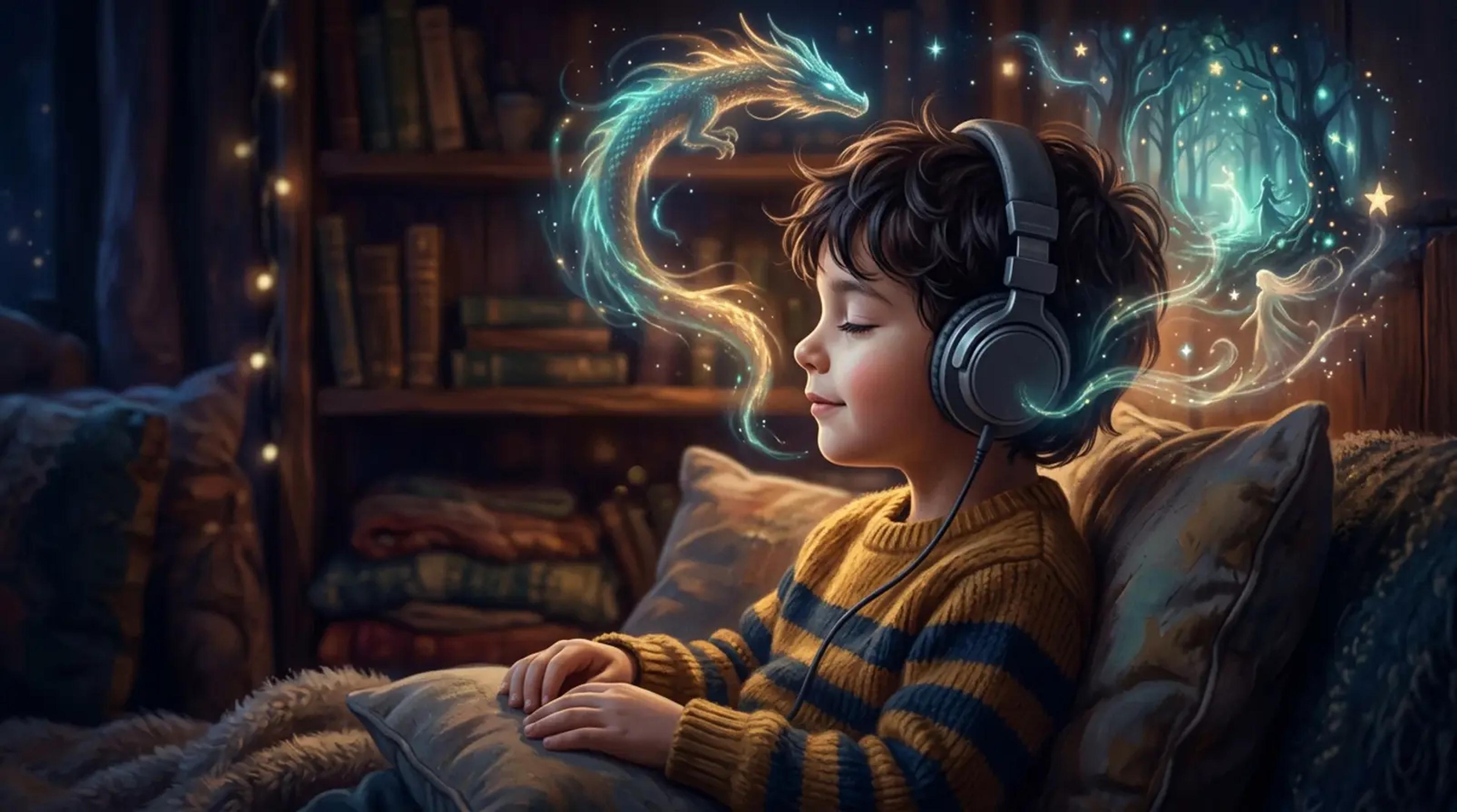 A young child with eyes closed wearing headphones, surrounded by glowing, ethereal wisps of an imagined dragon and forest.