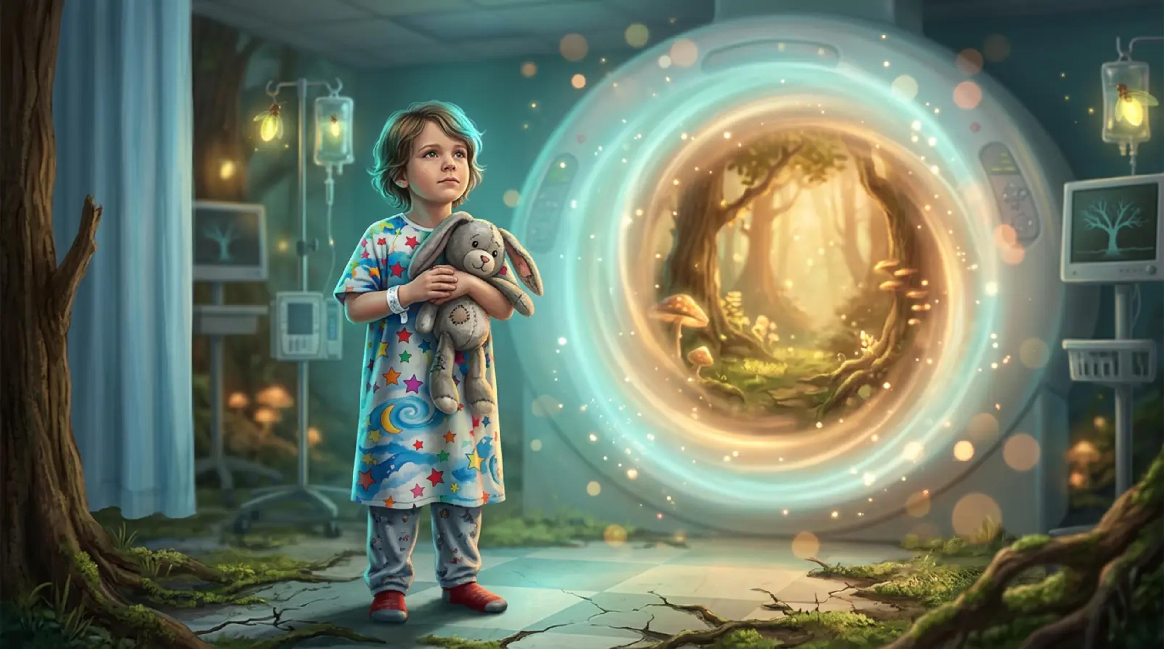 Ein tapferes Kind im Krankenhaus, das ein Stofftier hält und in ein magisch leuchtendes Portal blickt, das ein medizinisches Gerät darstellt.