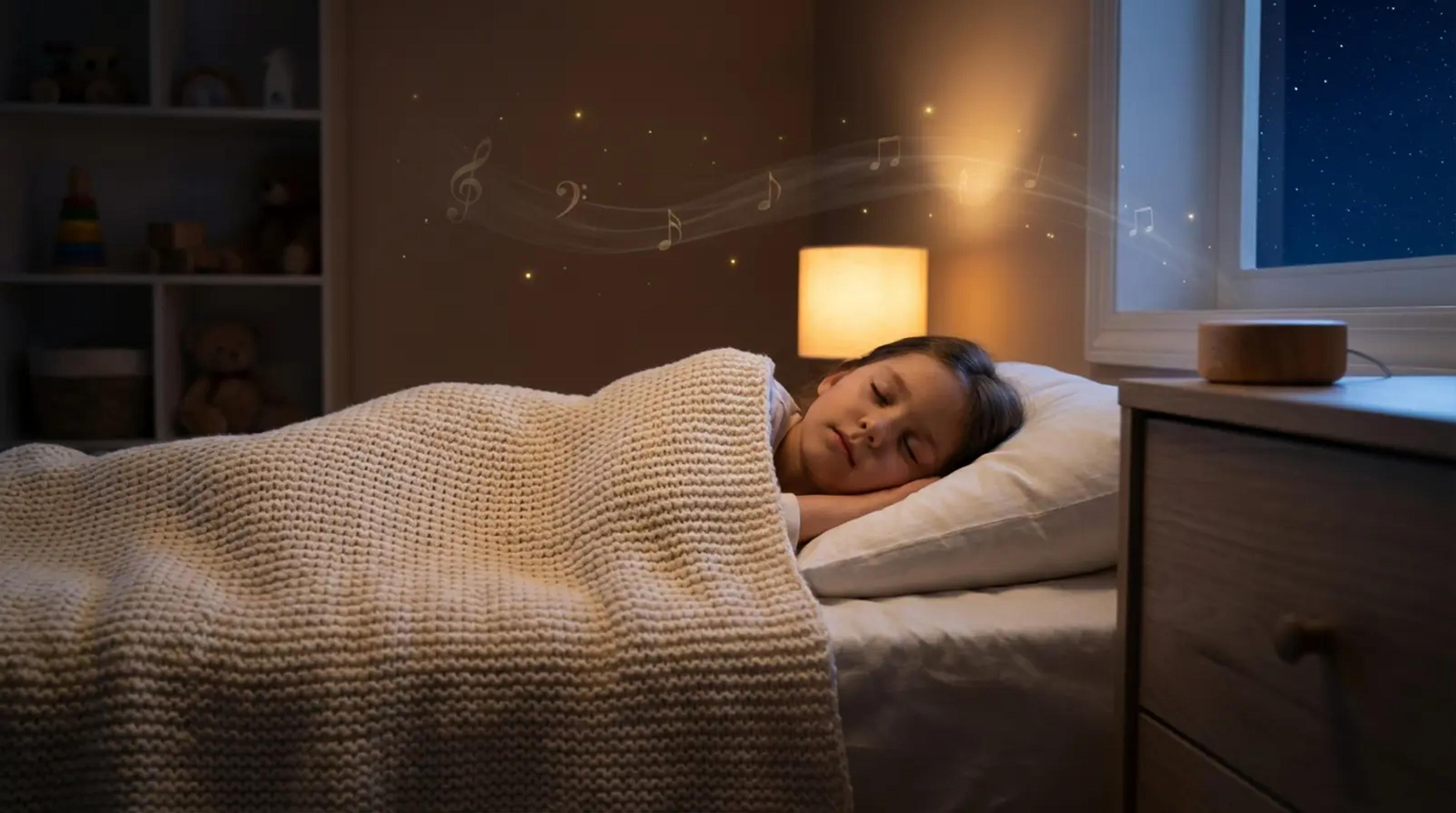 Ein friedlich schlummerndes Kind in einem gemütlichen, sanft beleuchteten Schlafzimmer, das einer Hörgeschichte lauscht; magische goldene Funken symbolisieren die Fantasie.