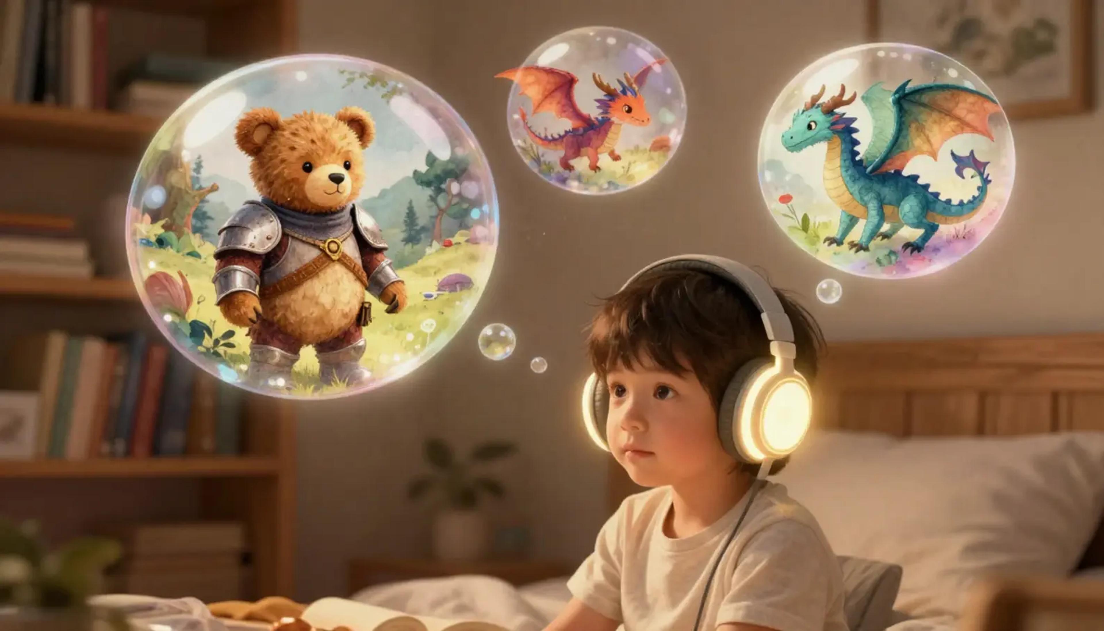 A child listening intently to audio stories, with ethereal glowing illustrations of a dragon and a hero floating in the air above them.
