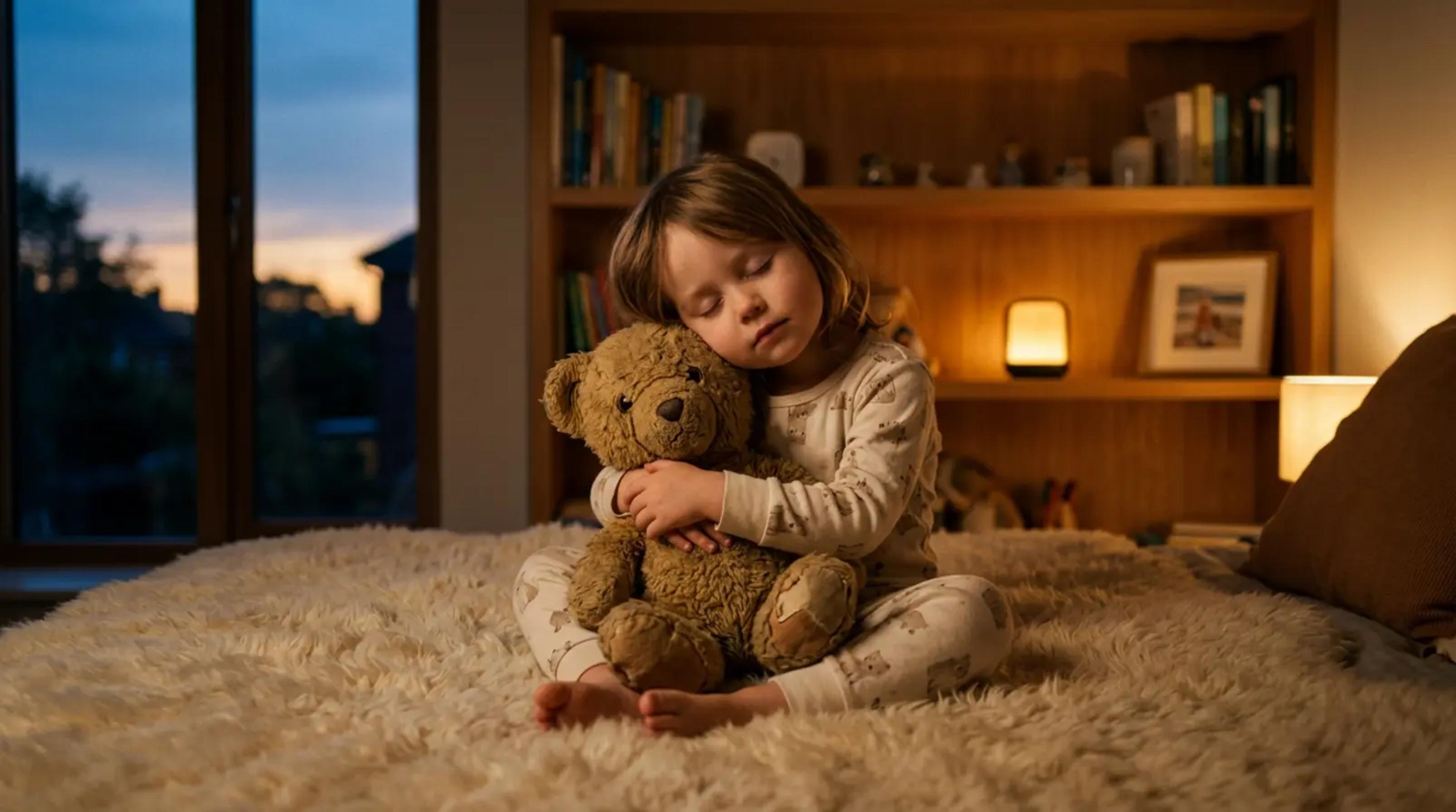 Ein kleines Kind sitzt friedlich auf einem weichen Teppich und hört eine beruhigende Audio-Geschichte, während es ein liebstes Kuscheltier hält.