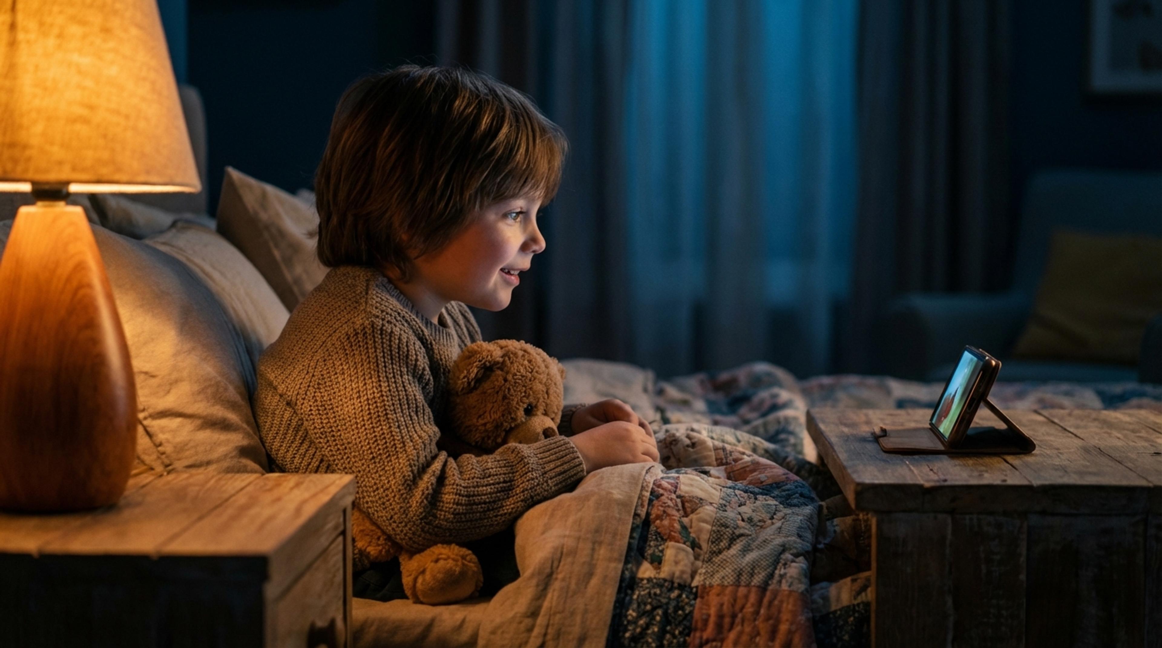 A young child listening intently to a bedtime story with a look of wonder, cozy bedroom setting.