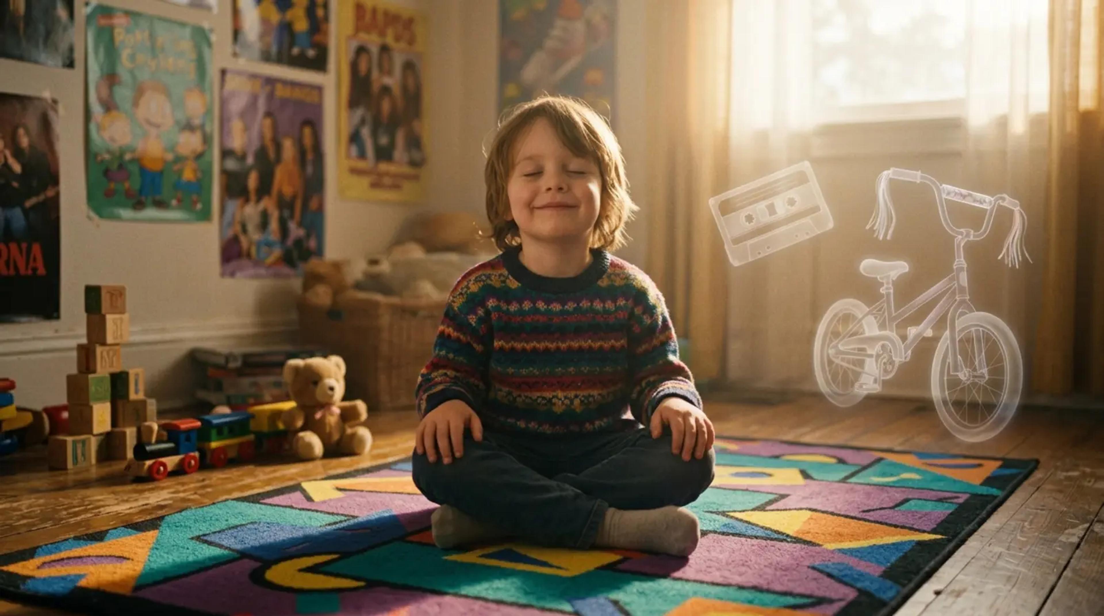 A young child sitting on a vintage rug, listening intently to a screen-free audio device with a look of wonder.