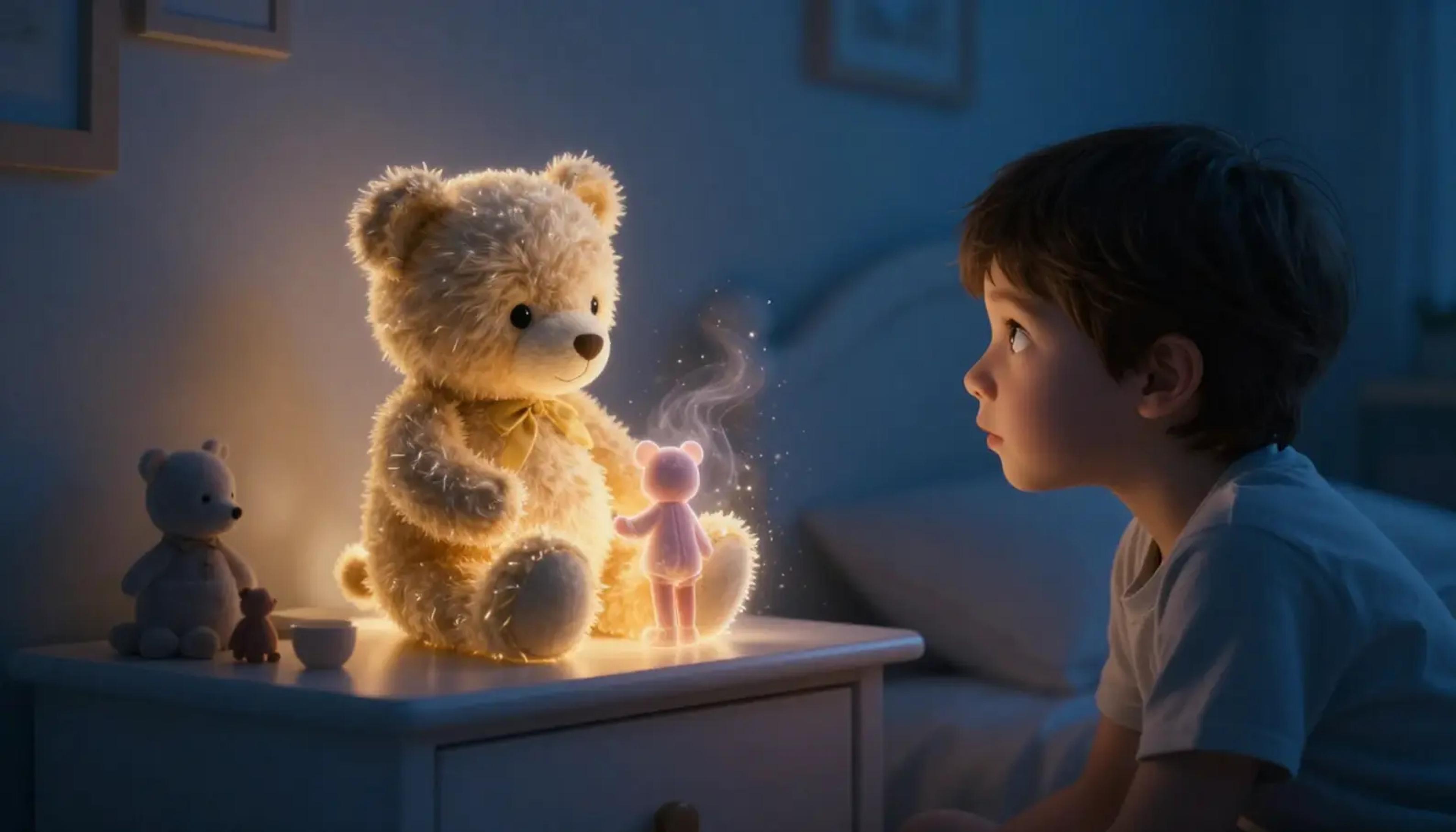 A young child sitting on a bed listening intently to a glowing teddy bear, with soft magical light emanating from the toy.
