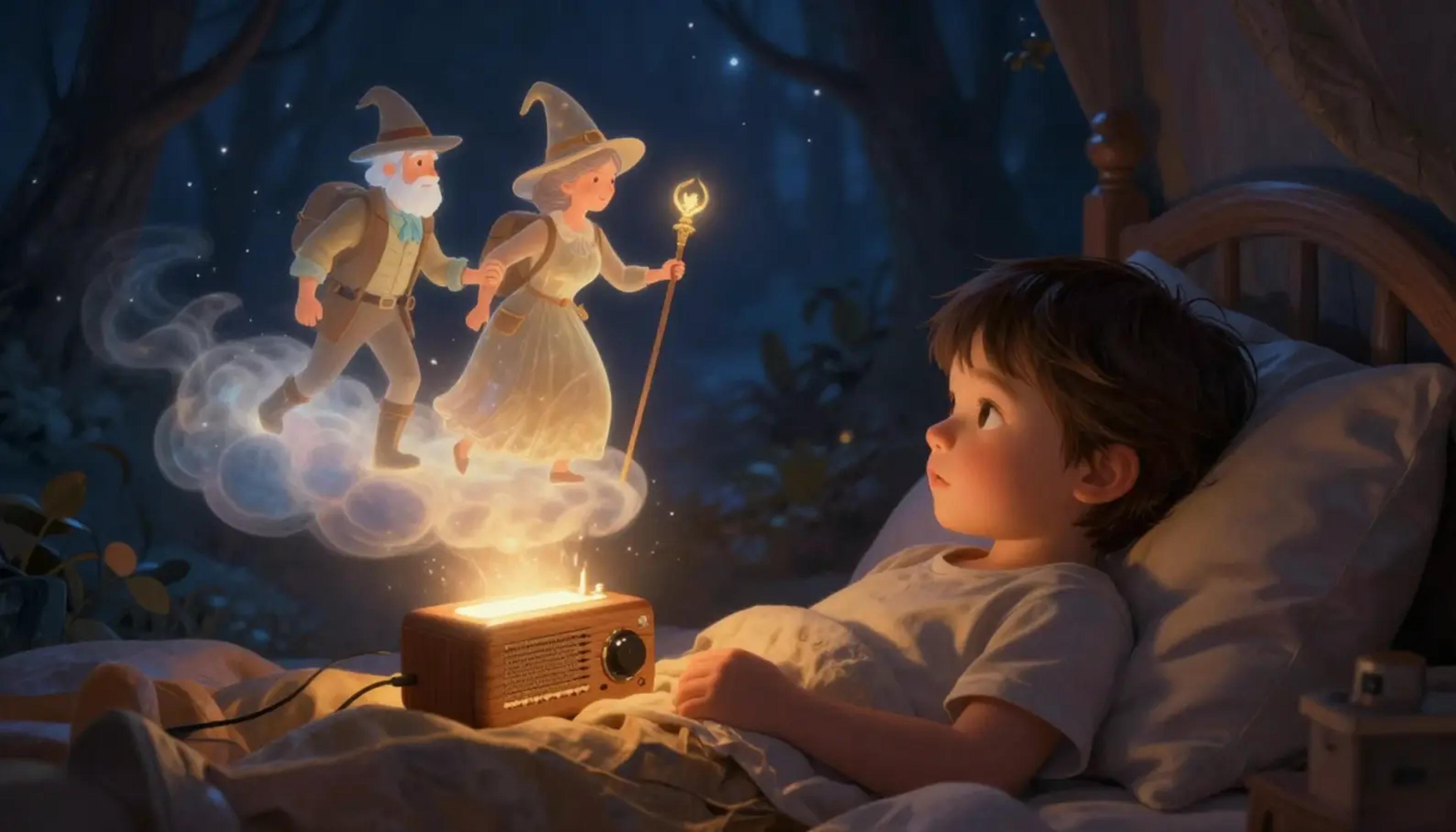 A child listening to an audio story while a magical illustration of a heroic grandfather appears in the background.