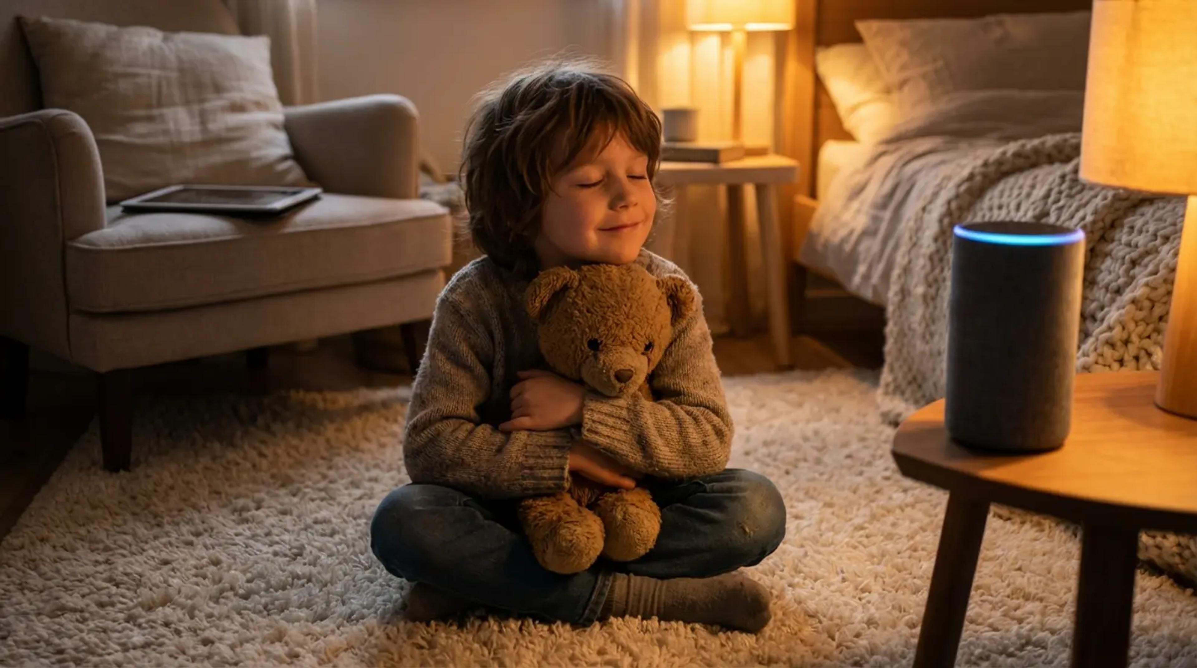 A young child sitting peacefully in a dimly lit, cozy bedroom, hugging a teddy bear while listening to a personalized audio story. A tablet lies face-down in the background, representing a 'dopamine reset' transition from screens to imagination.