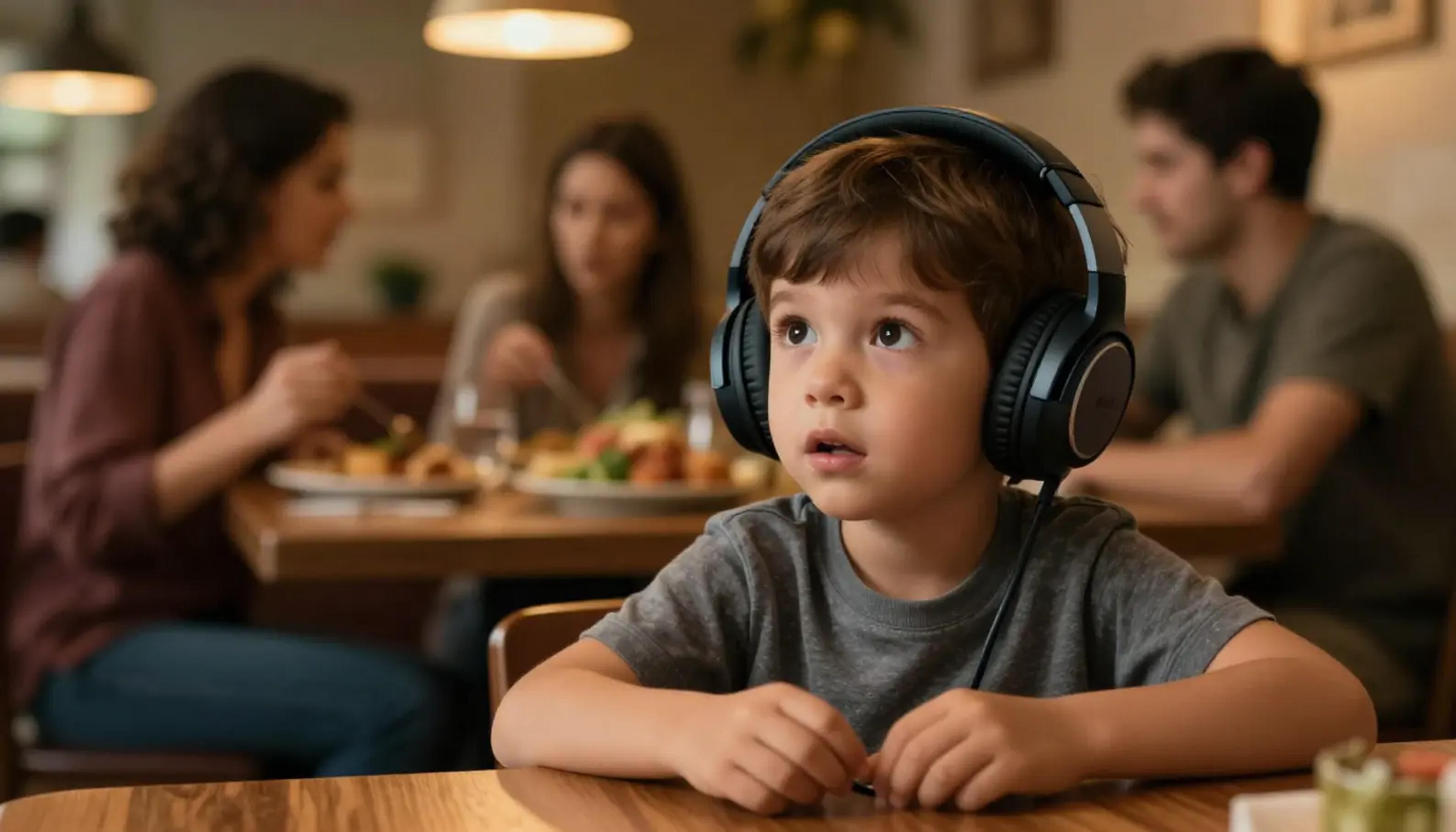 A young child sitting in a restaurant wearing headphones, looking engaged and imaginative while waiting for food.