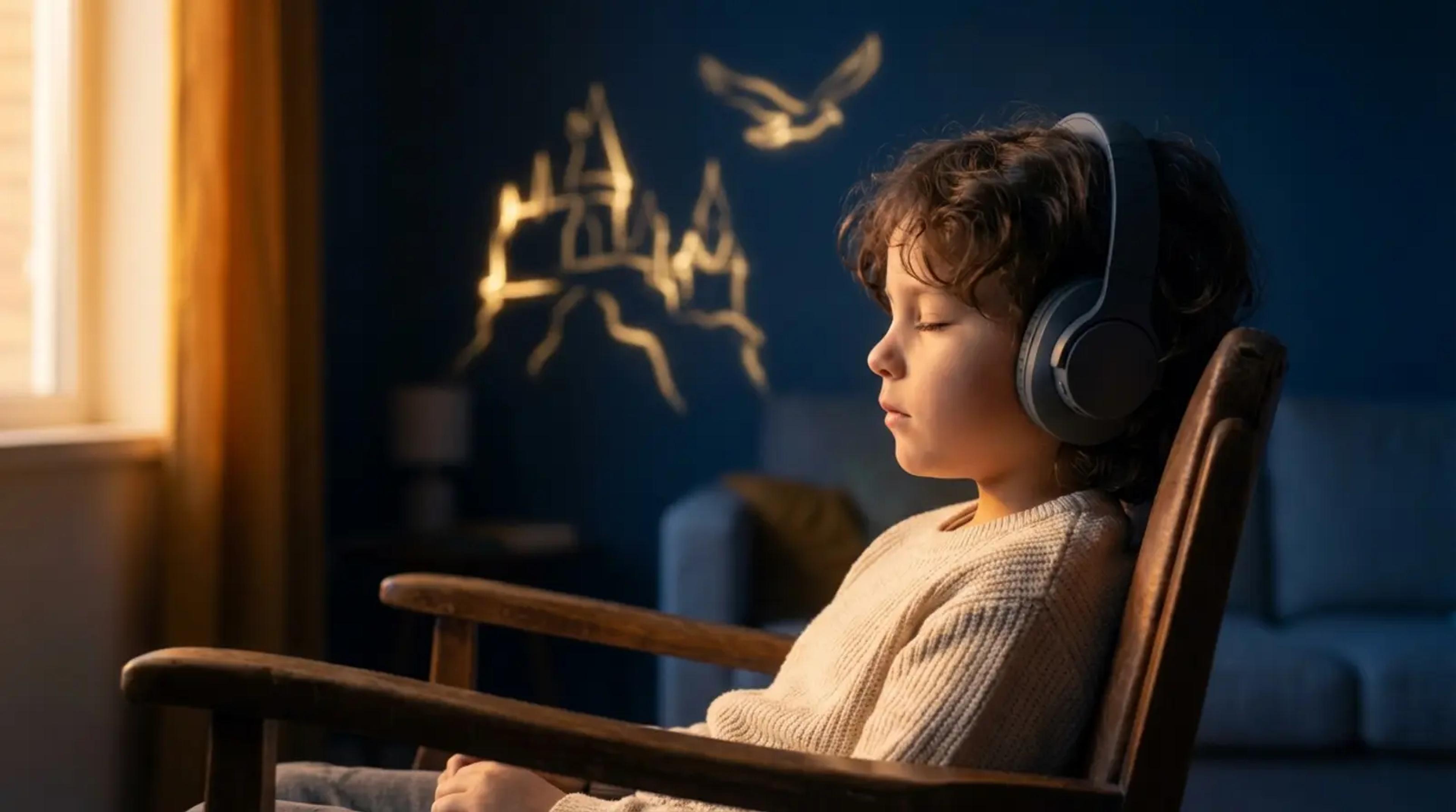 Ein junges Kind sitzt friedlich mit geschlossenen Augen da, trägt Kopfhörer und konzentriert sich tief auf eine Hörgeschichte, während im Hintergrund schwache magische Gestalten leuchten, die die Fantasie darstellen.