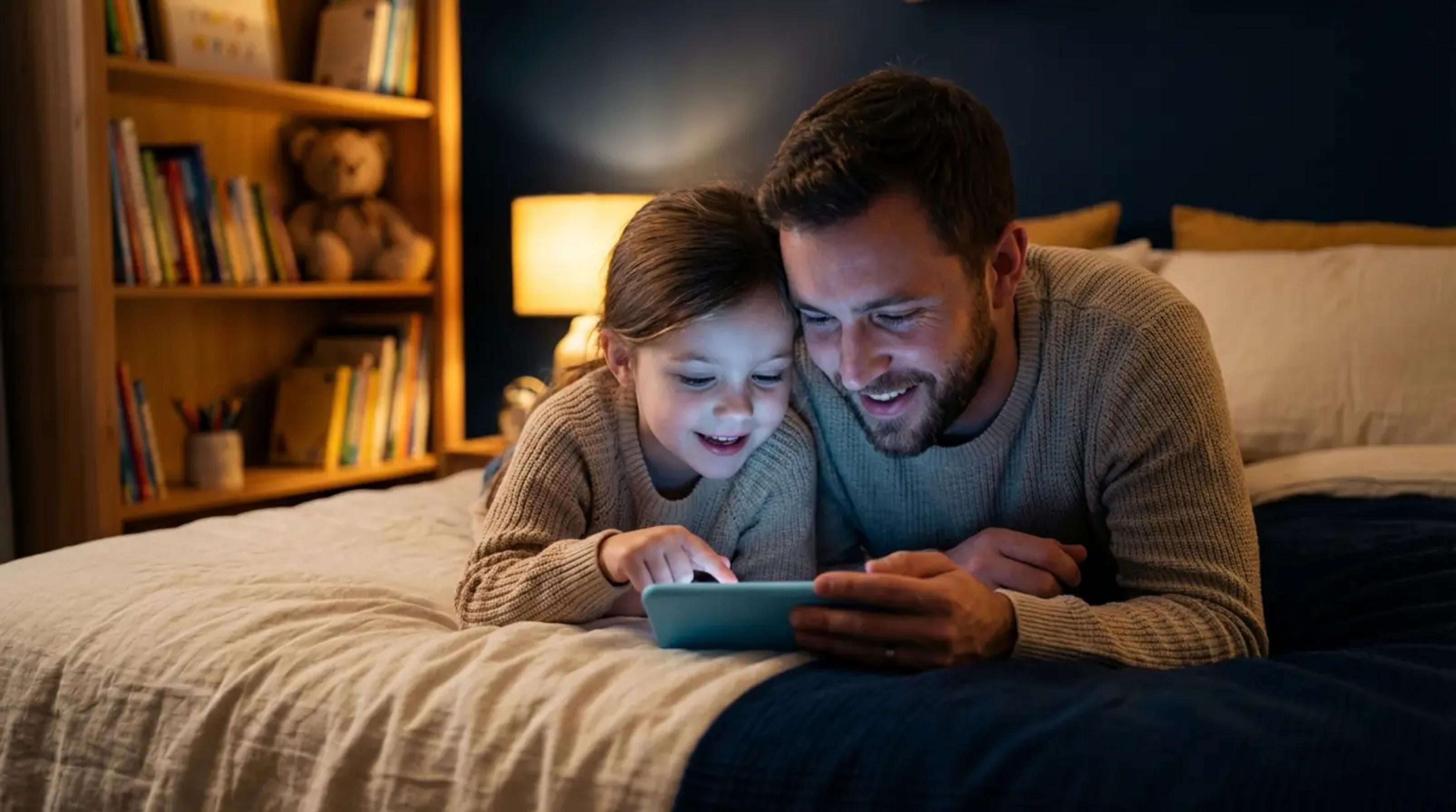 A father and young daughter sitting together on a bed in a dimly lit, cozy room, smiling warmly as they use a smartphone together to co-create a bedtime story.