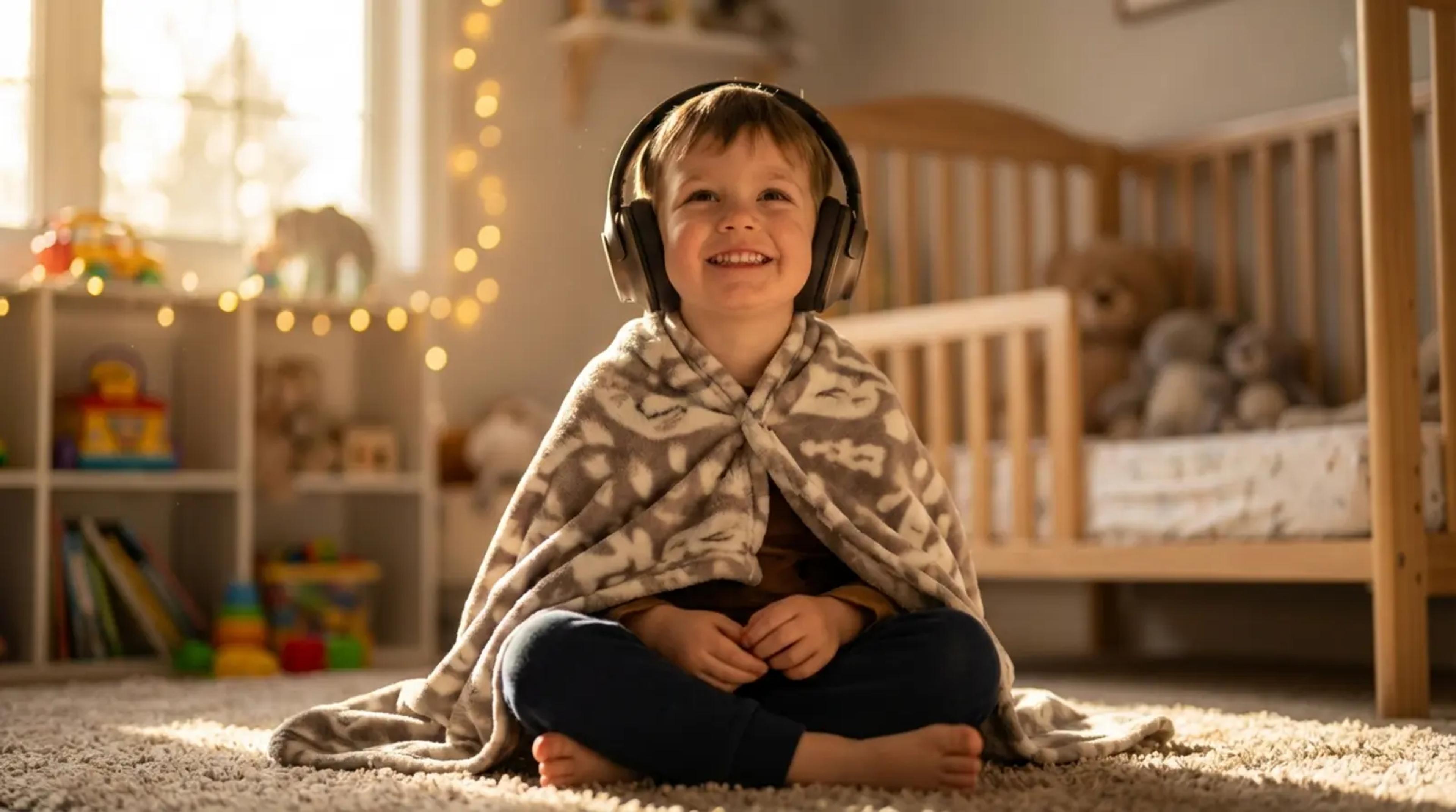 A young child wearing a blanket as a superhero cape and listening to headphones with a proud expression in a cozy bedroom, symbolizing the empowering 'hero energy' from personalized audio stories.